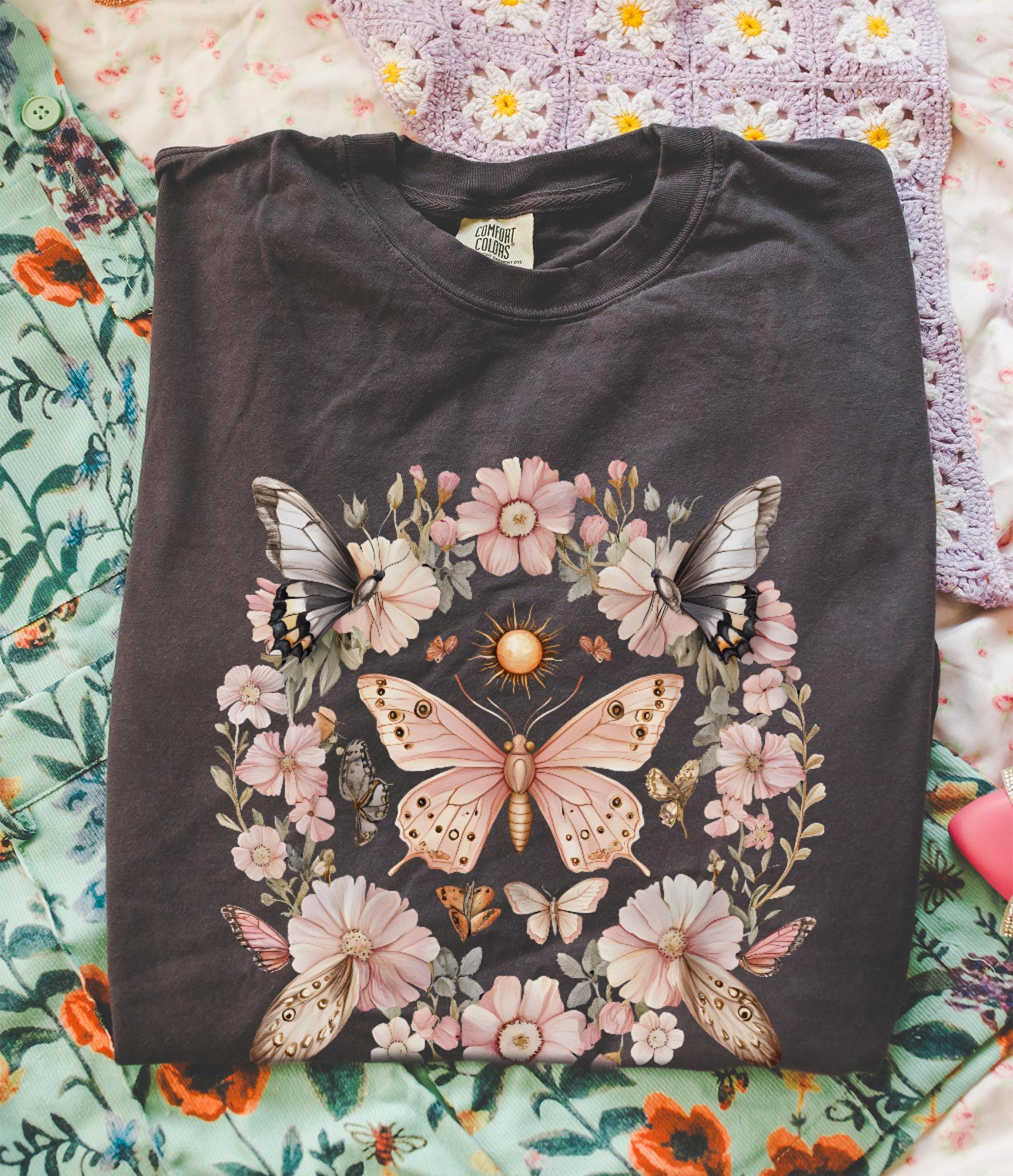 Pink Butterfly Wildflower T-shirt, Comfort Colors Cottagecore Graphic Tee, Gothic Nature Garden Lover Womens Top