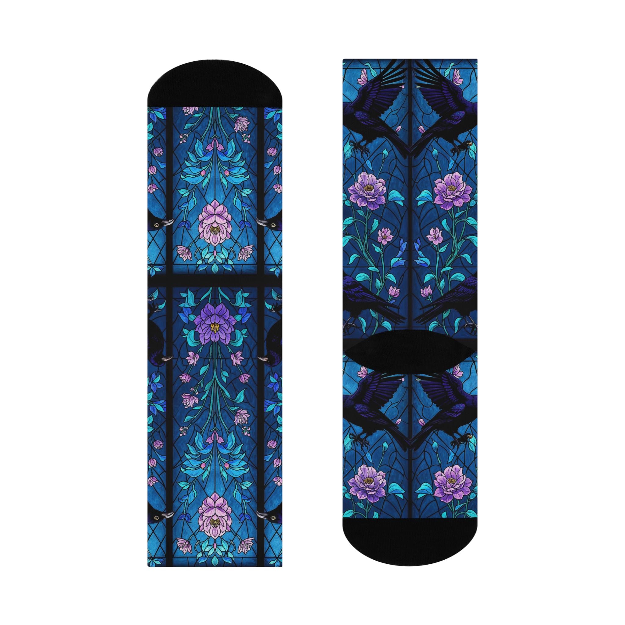 Blue Mosaic Stained Glass Raven Socks, Wildflower Cottagecore Witchy Socks, Emo Gothic Fashion, Indie Fantasy Womens Adults Unisex Socks