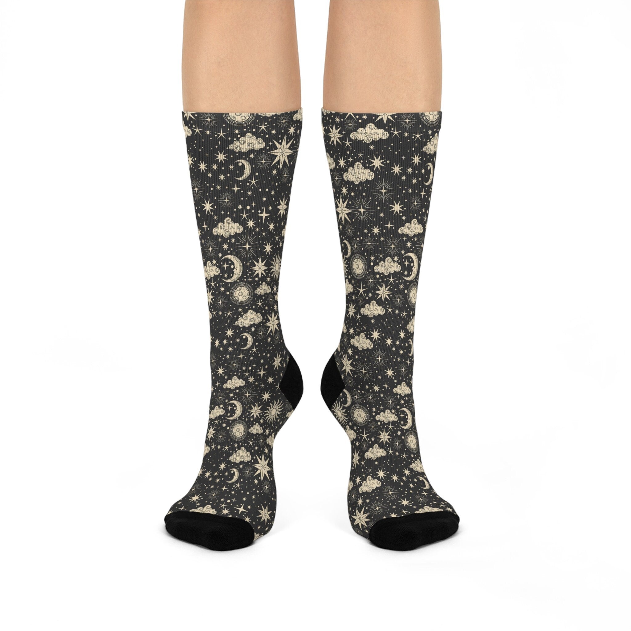 Celestial Moon Stars Socks, Cottagecore Witchy Socks, Astrology Boho Gift, Floral Womens Adults Unisex Socks