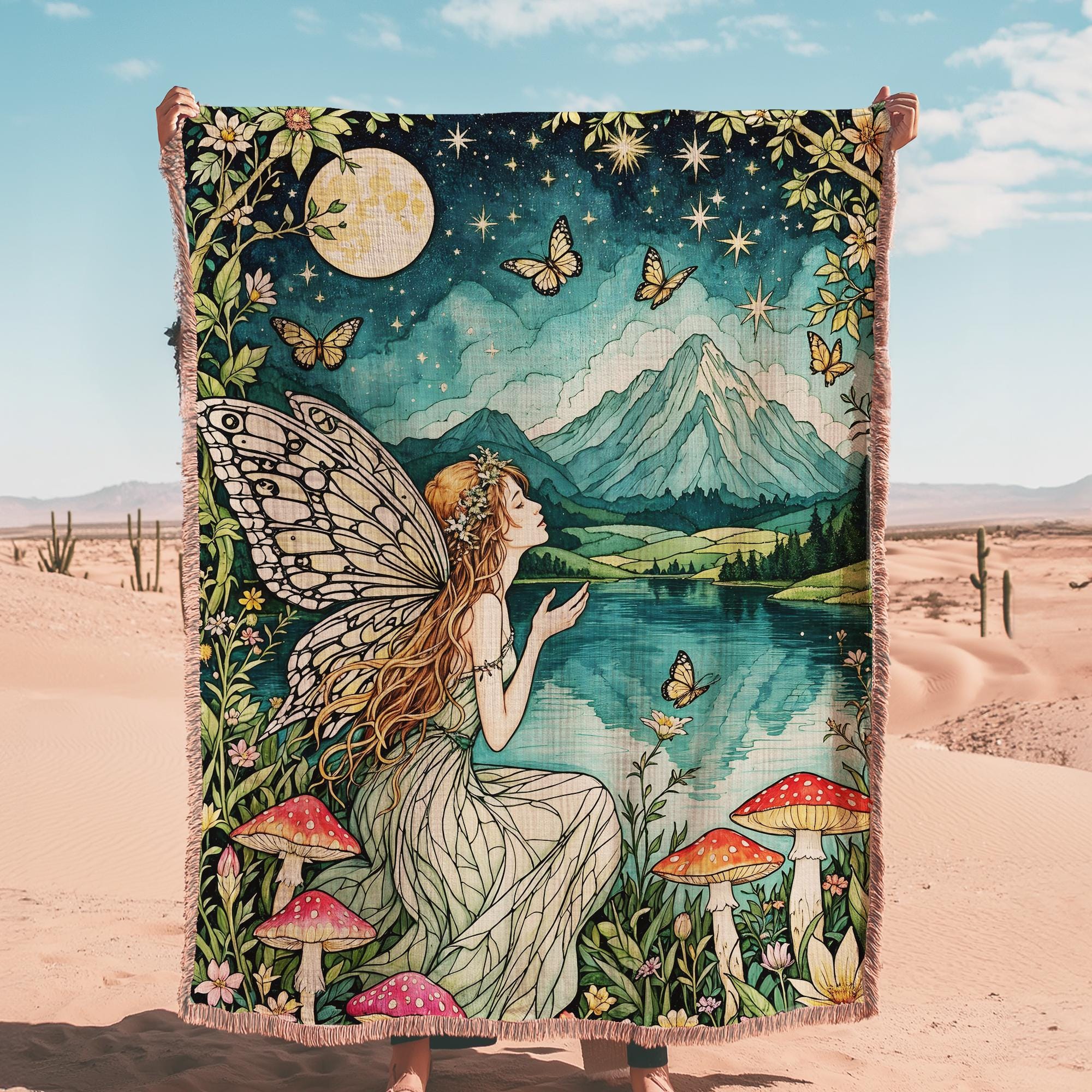 Mystic Moon Fairy Fringe Throw Blanket, Gothic Witchy Fringe Picnic Blanket, Cottagecore Woven Soft Flannel Throw, Bedroom Lounge Home Decor