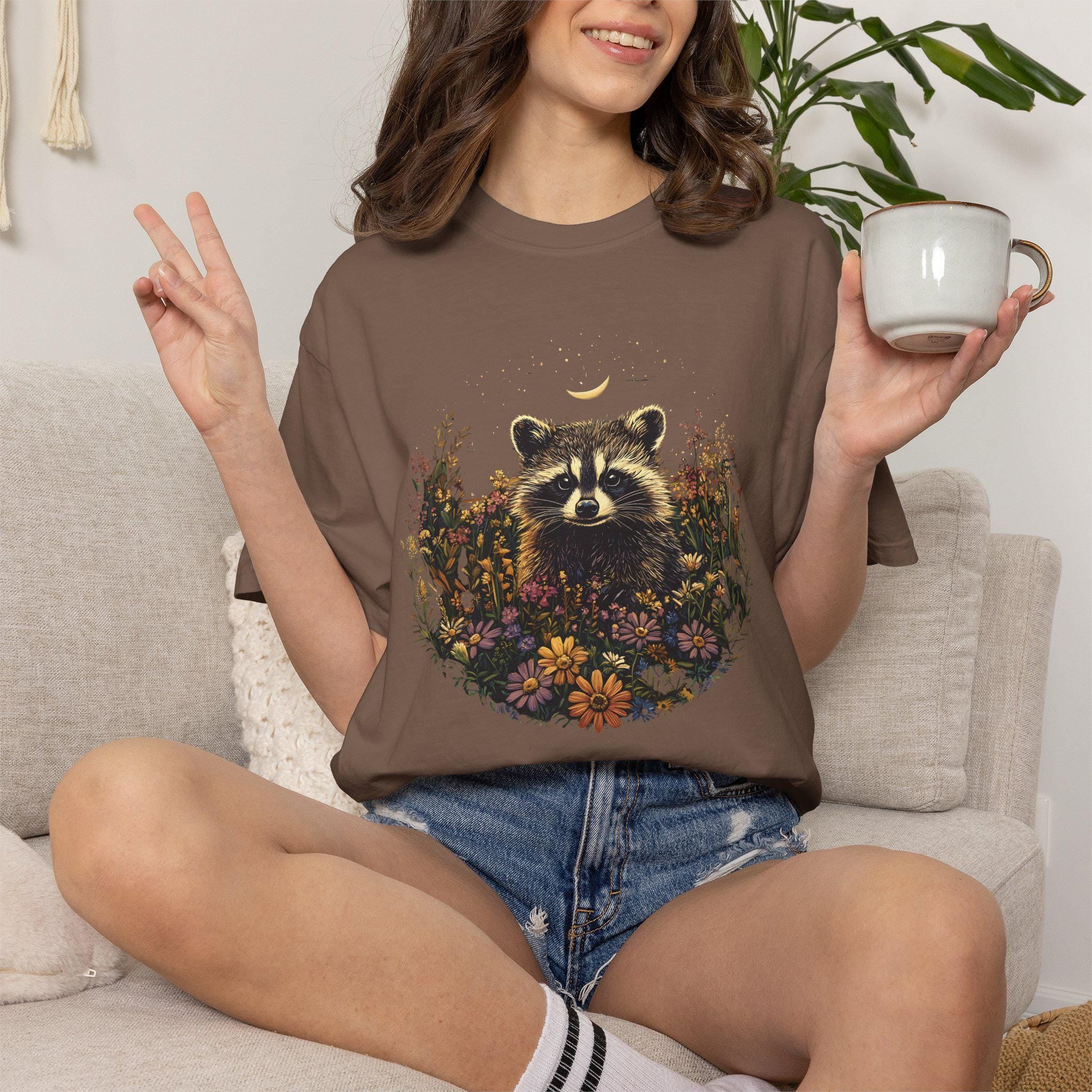 Raccoon Wildflower T-shirt, Comfort Colors Cottagecore Graphic Tee, Gothic Floral Botanical Witchy Animal Womens Top