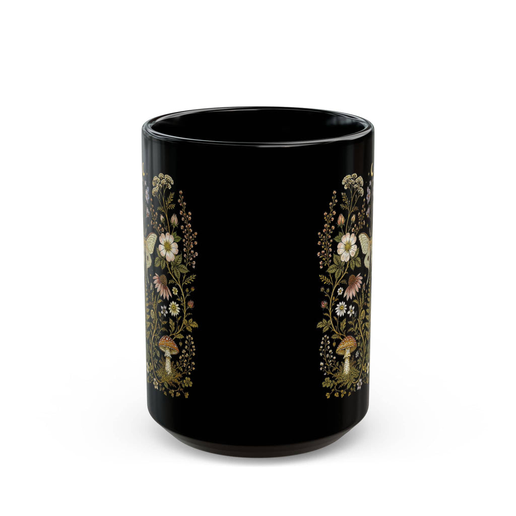 Whimsical Moth Wildflower Black Ceramic Mug