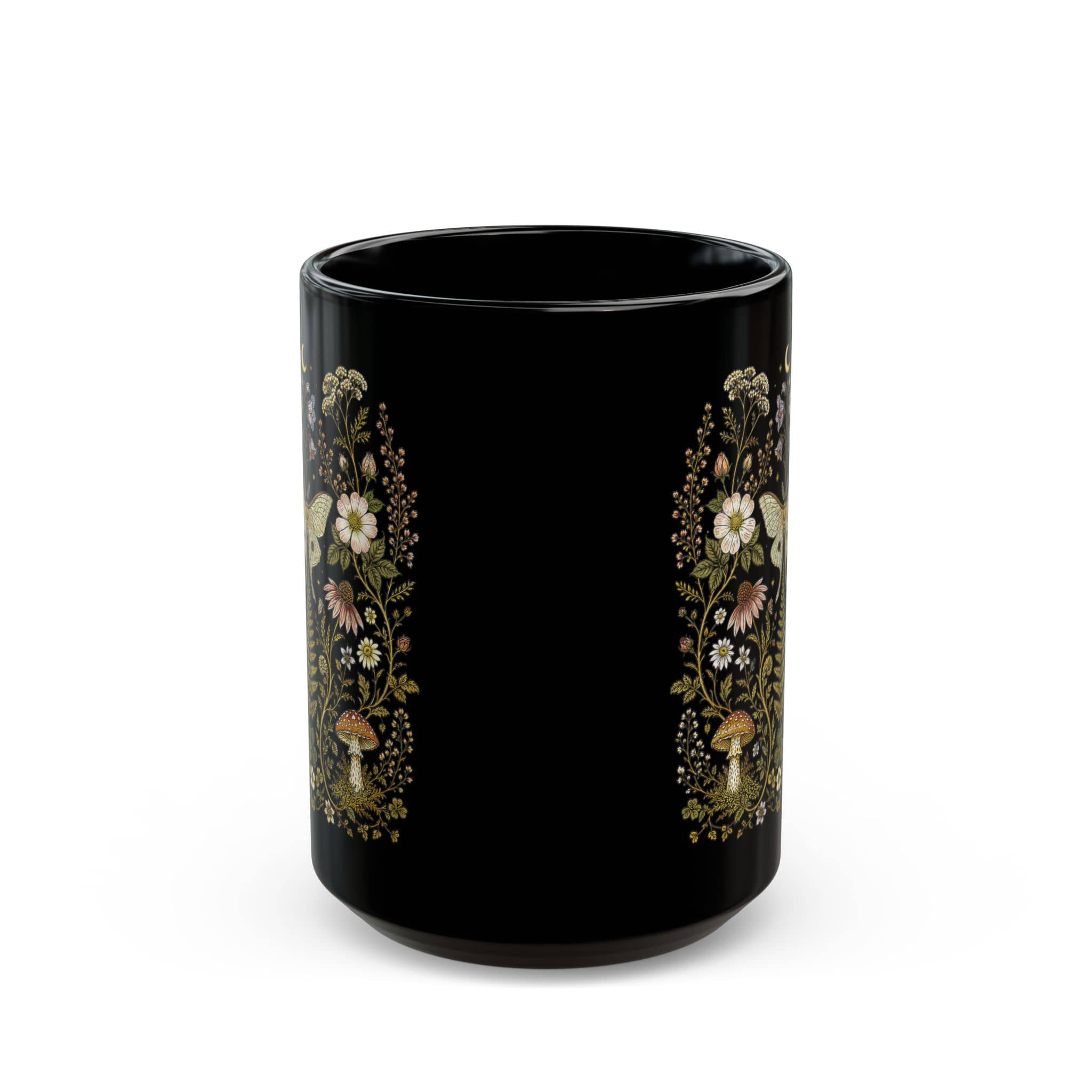 Whimsical Moth Wildflower Black Ceramic Mug