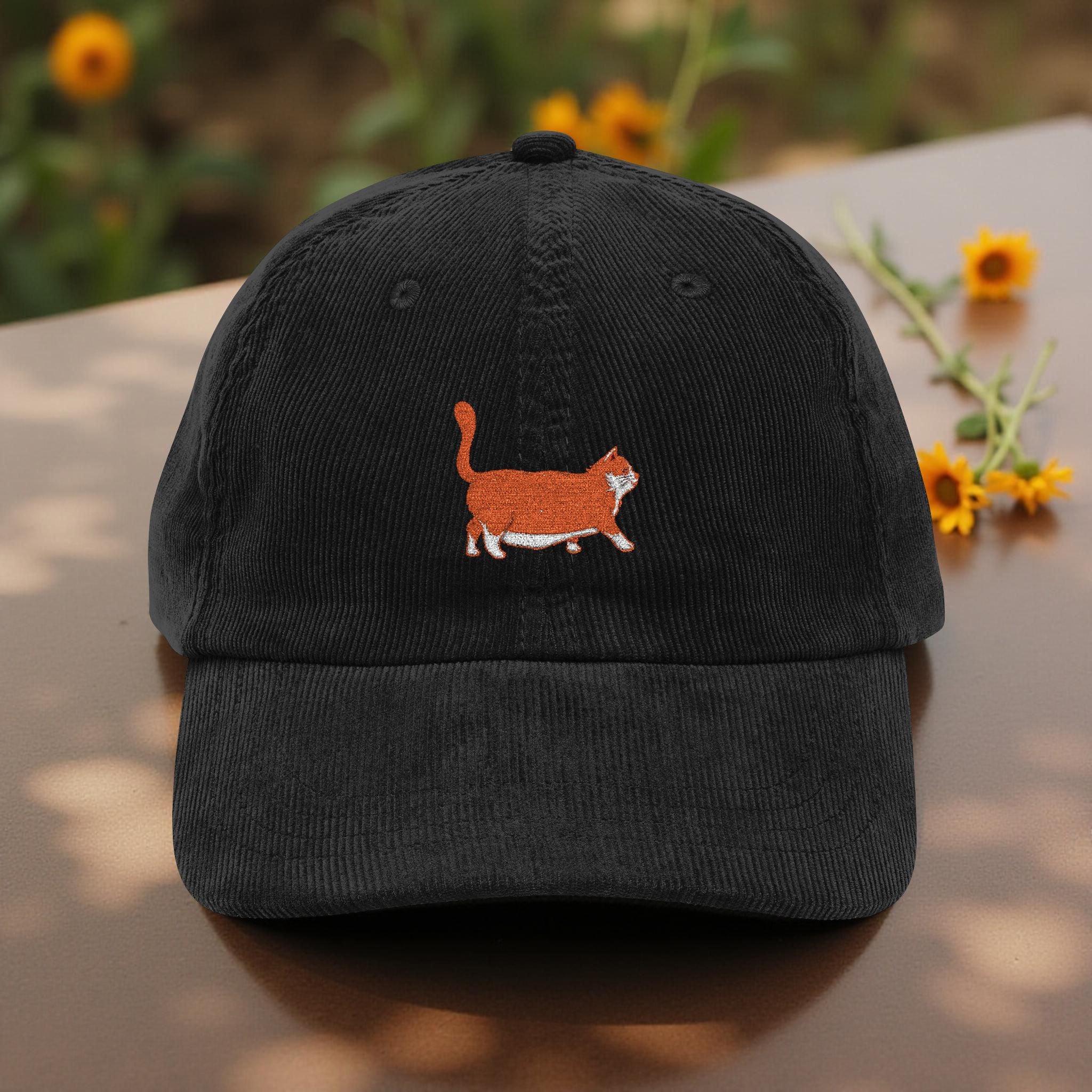 Orange Chunky Cat Embroidered Corduroy Hat