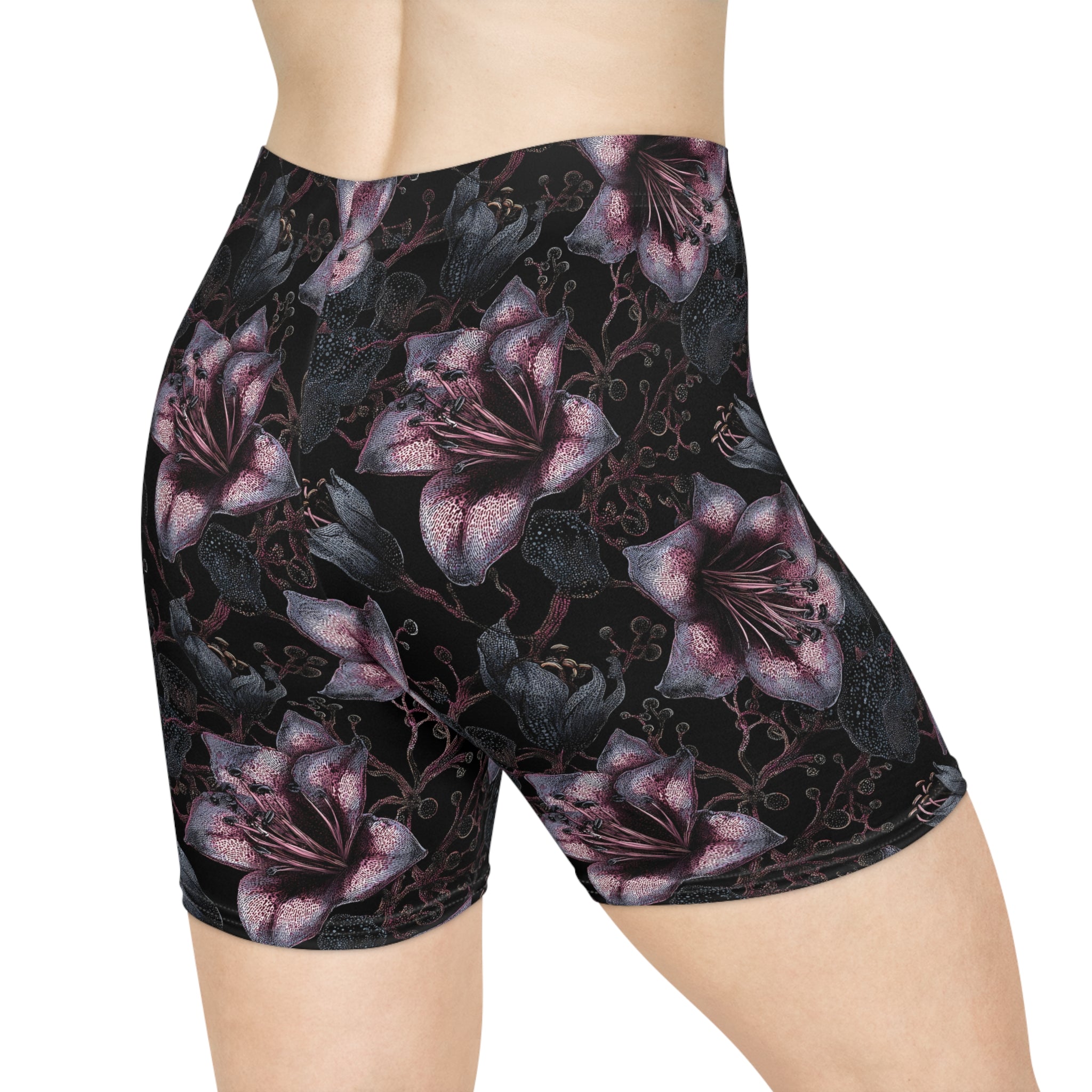 Pink Lily Floral Noir Biker Shorts