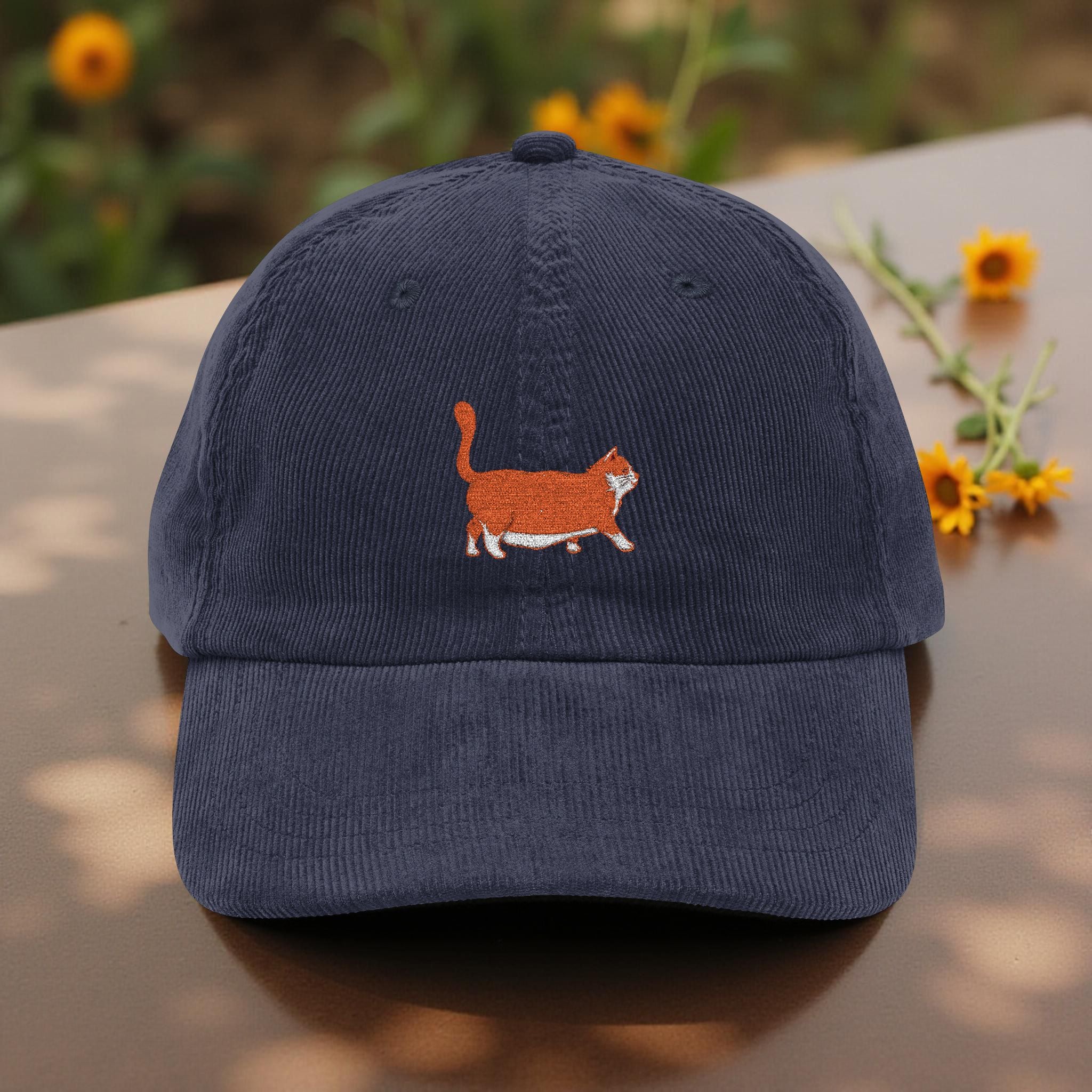 Orange Chunky Cat Embroidered Corduroy Hat