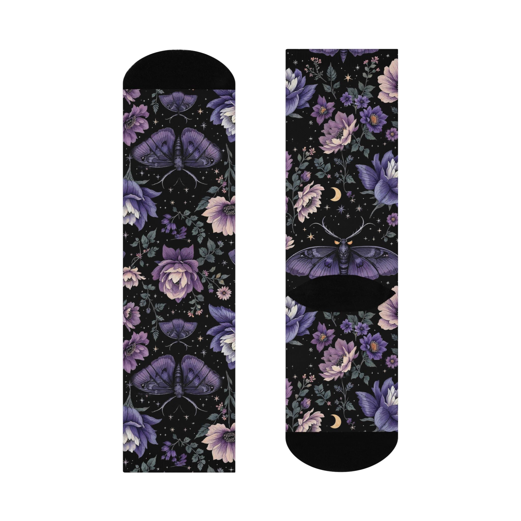 Purple Floral Butterfly Socks, Cottagecore Witchy Socks, Emo Punk Gothic Fashion, Hippie Womens Adults Unisex Socks