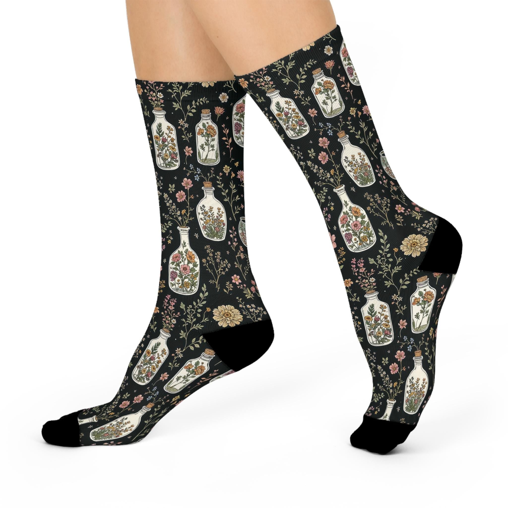 Herbology Glass Jar Flowers Socks, Mosaic Wildflower Cottagecore Witchy Socks, Gothic Fashion, Indie Fantasy Womens Adults Unisex Socks