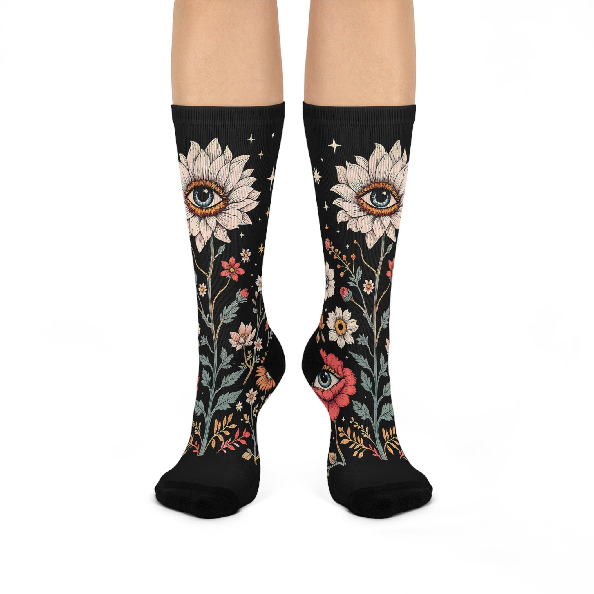 Eye Wildflower Mystic Socks, Moon Wildflower Cottagecore Witchy Socks, Gothic Fashion, Fantasy Hippie Womens Adults Unisex Socks