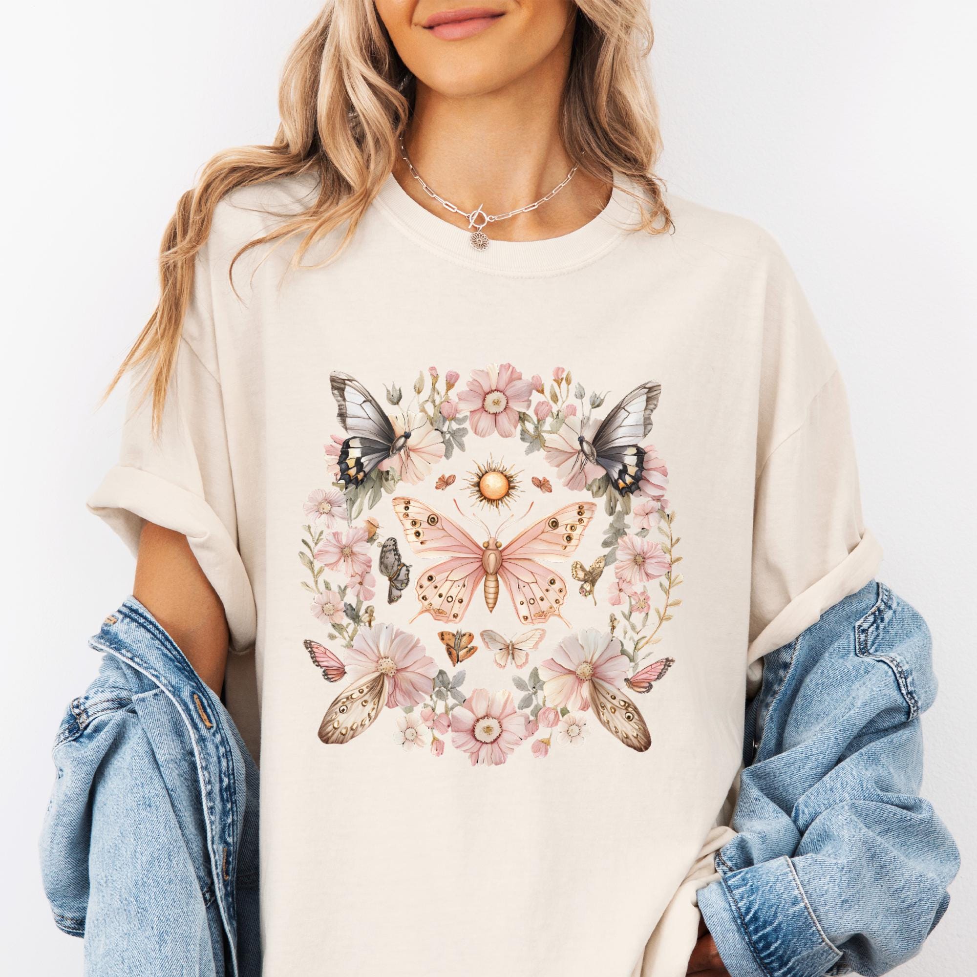 Pink Butterfly Wildflower T-shirt, Comfort Colors Cottagecore Graphic Tee, Gothic Nature Garden Lover Womens Top