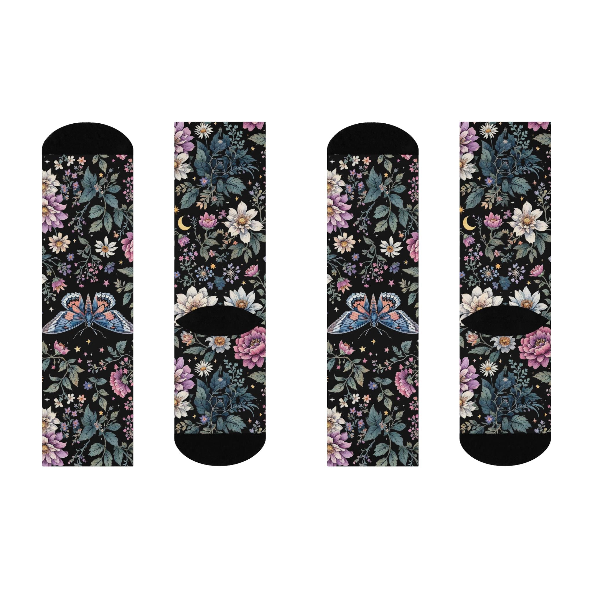Mystic Floral Butterfly Socks, Cottagecore Witchy Socks, Emo Punk Gothic Fashion, Wildflower Hippie Womens Adults Unisex Socks