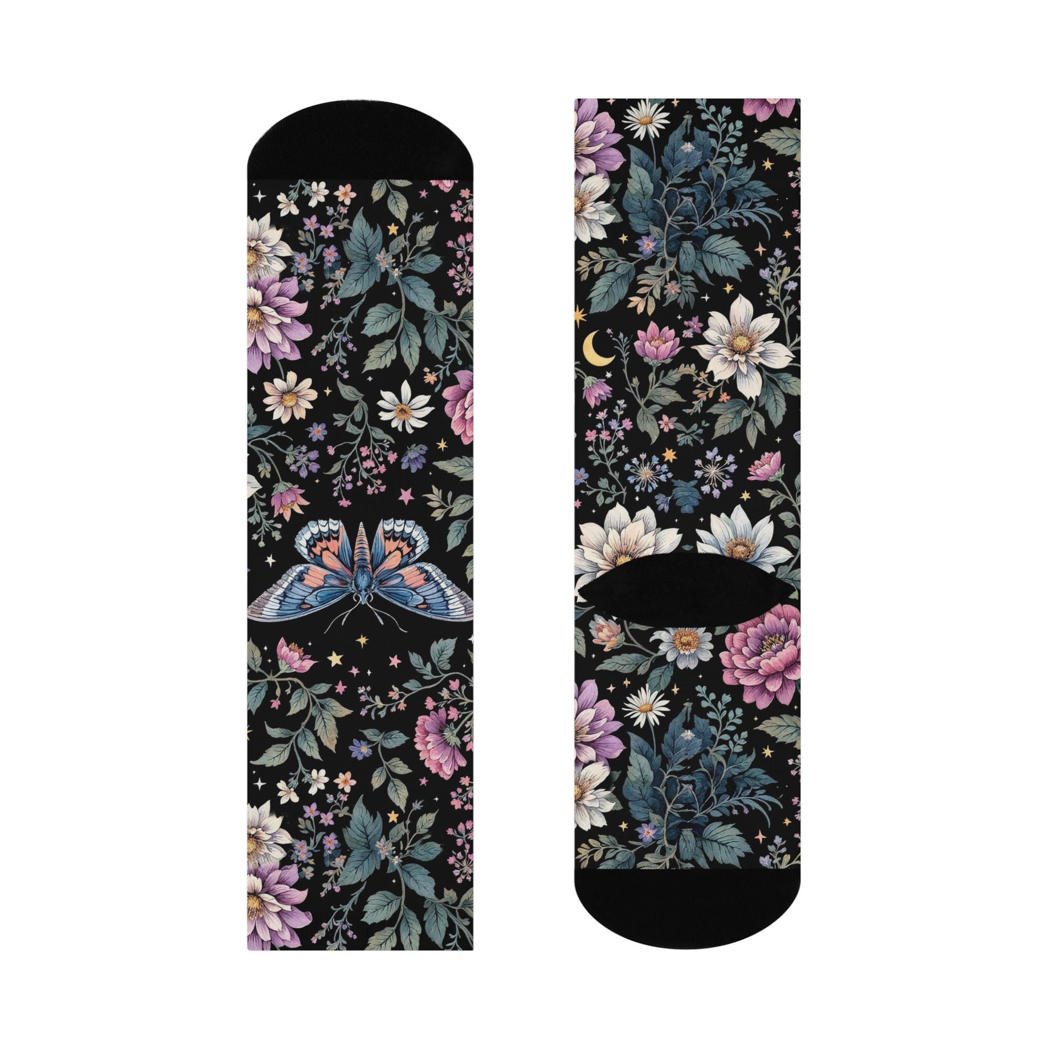 Mystic Floral Butterfly Socks, Cottagecore Witchy Socks, Emo Punk Gothic Fashion, Wildflower Hippie Womens Adults Unisex Socks