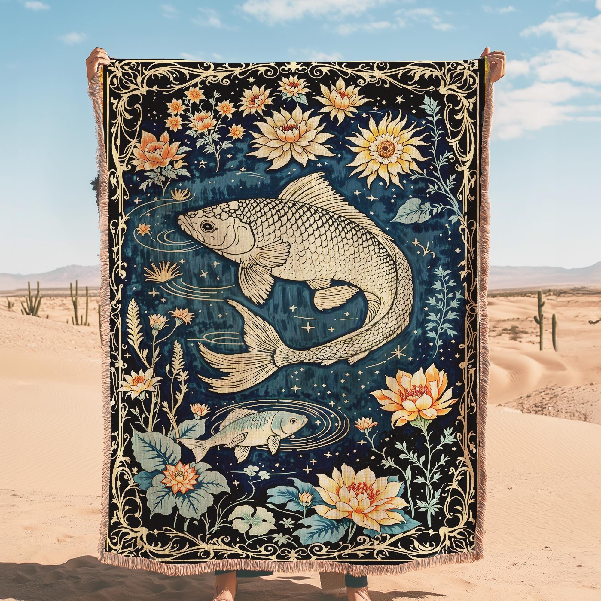 Koi Fish Pond Floral Fringe Throw Blanket, Gothic Witchy Picnic Blanket, Cottagecore Woven Soft Flannel Throw, Bedroom Lounge Home Decor