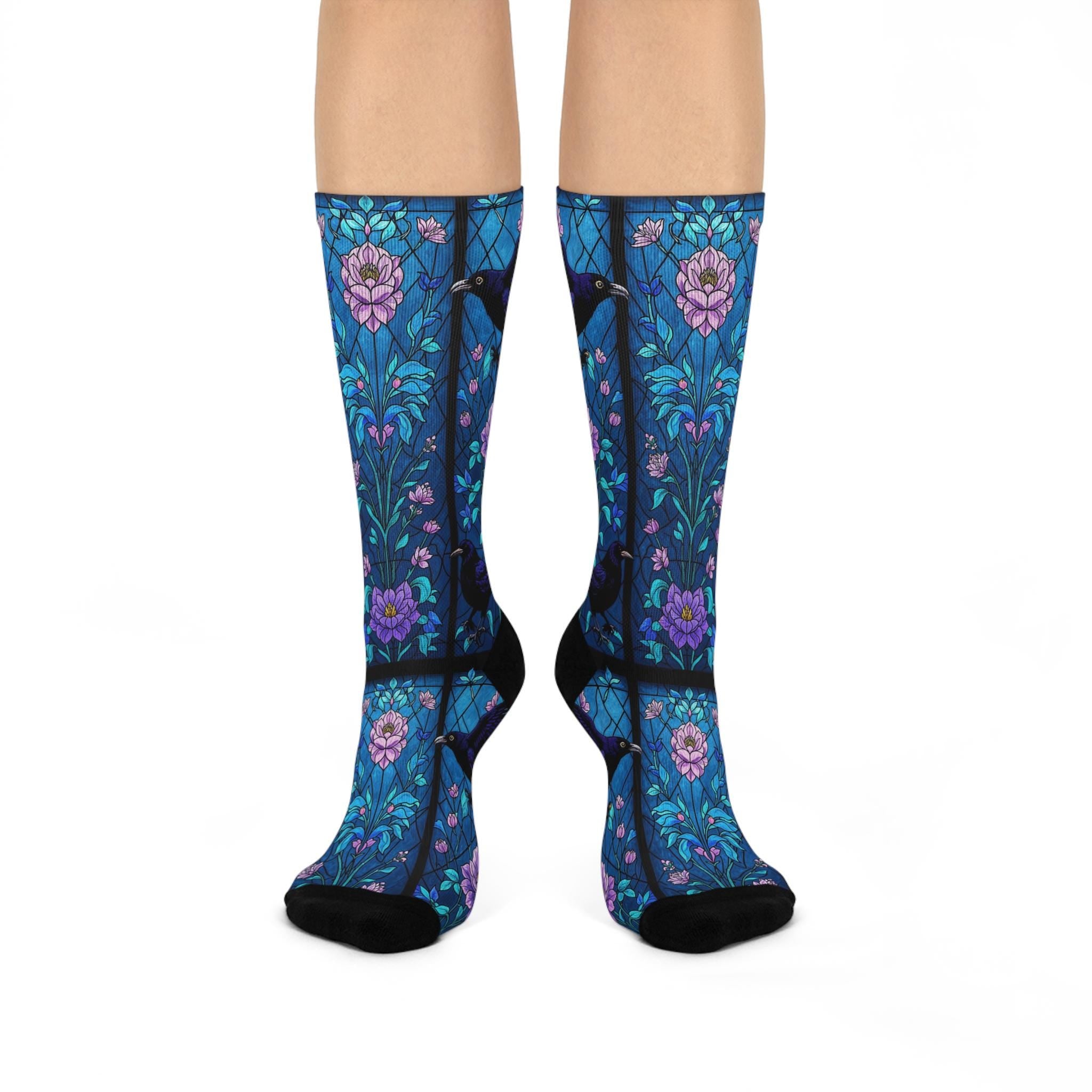 Blue Mosaic Stained Glass Raven Socks, Wildflower Cottagecore Witchy Socks, Emo Gothic Fashion, Indie Fantasy Womens Adults Unisex Socks