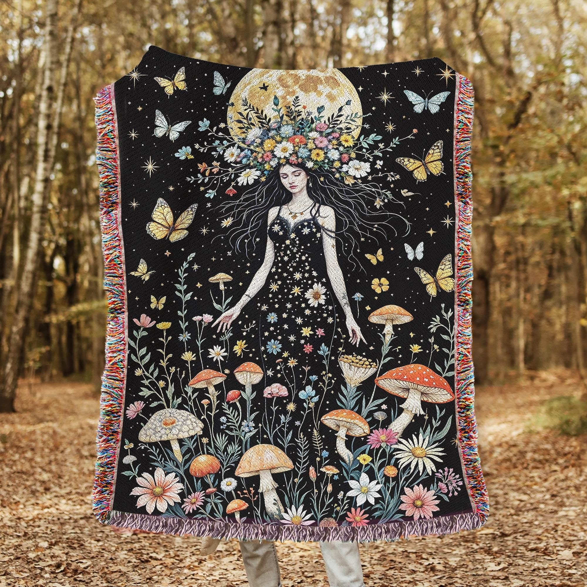 Wildflower Goddess Fringe Throw Blanket, Gothic Witchy Picnic Blanket, Cottagecore Woven Soft Flannel Throw, Bedroom Lounge Home Decor