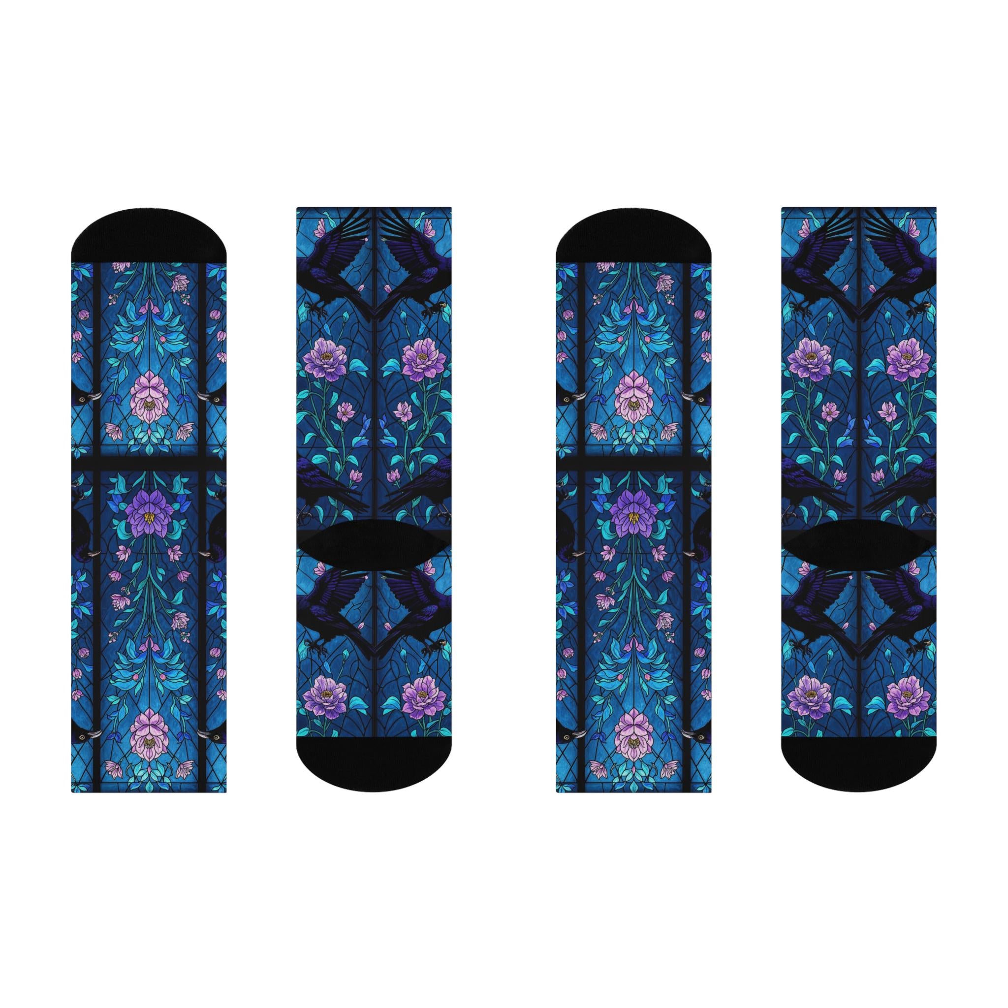 Blue Mosaic Stained Glass Raven Socks, Wildflower Cottagecore Witchy Socks, Emo Gothic Fashion, Indie Fantasy Womens Adults Unisex Socks