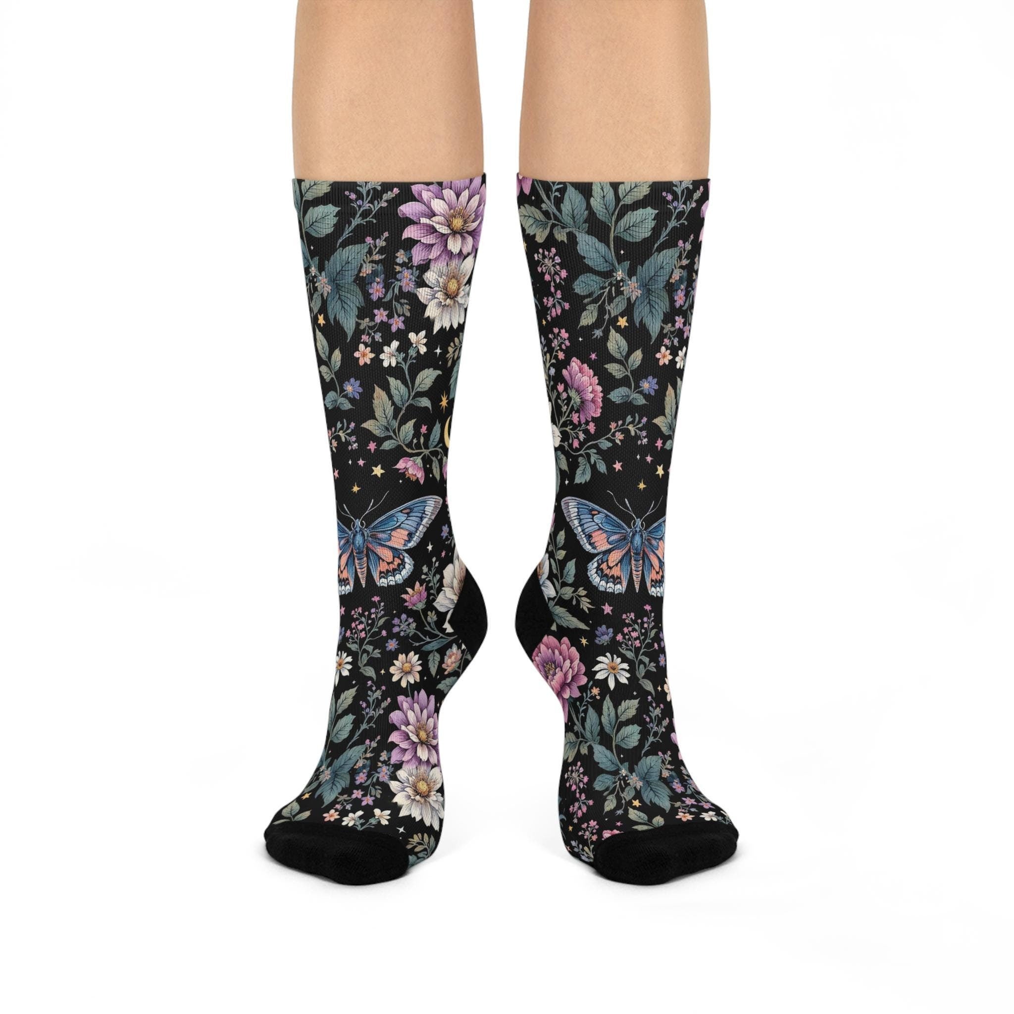 Mystic Floral Butterfly Socks, Cottagecore Witchy Socks, Emo Punk Gothic Fashion, Wildflower Hippie Womens Adults Unisex Socks