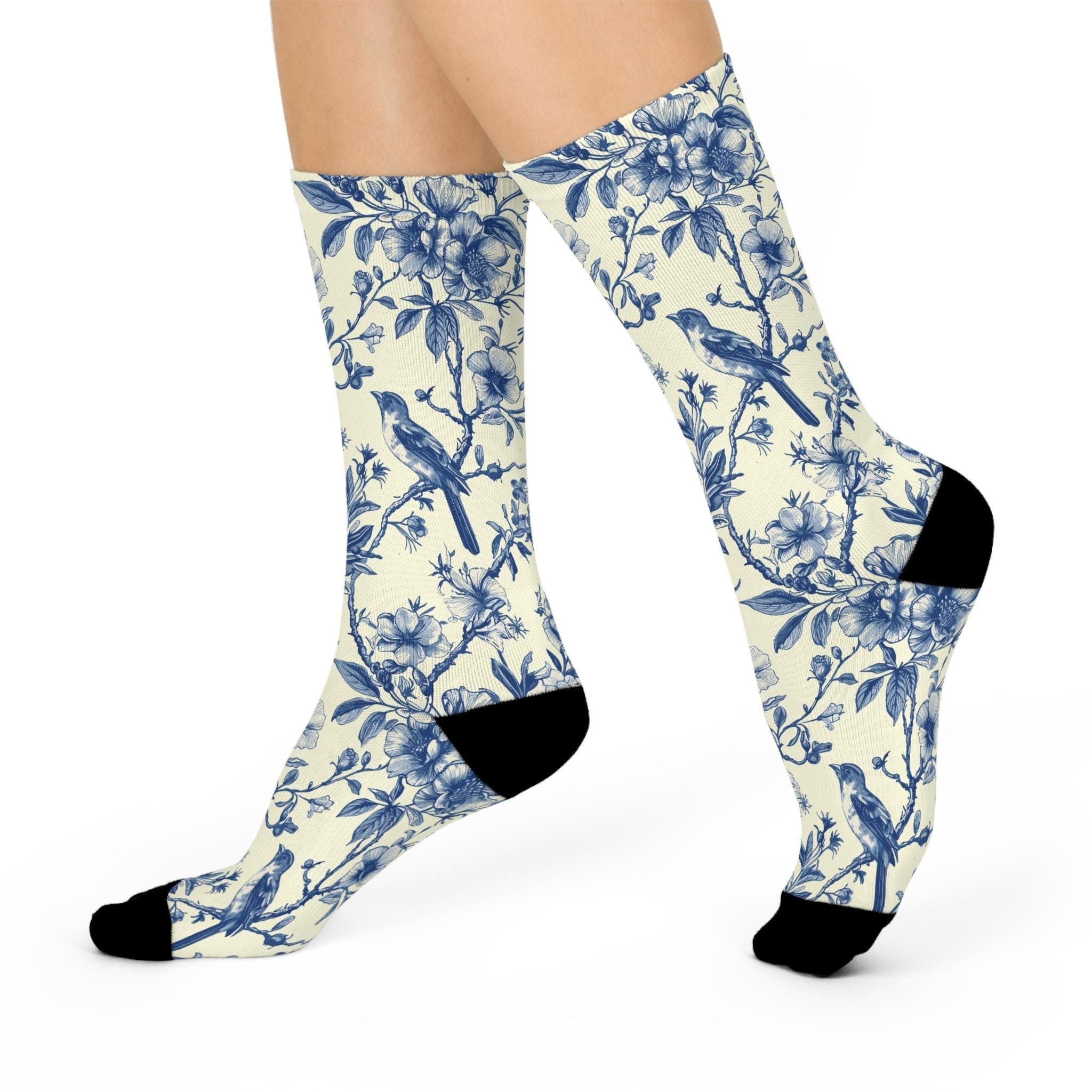 Blue Bird Floral Art Nouveau Socks, Wildflower Cottagecore Witchy Socks, Emo Gothic Fashion, Indie Fantasy Hippie Womens Adults Unisex Socks