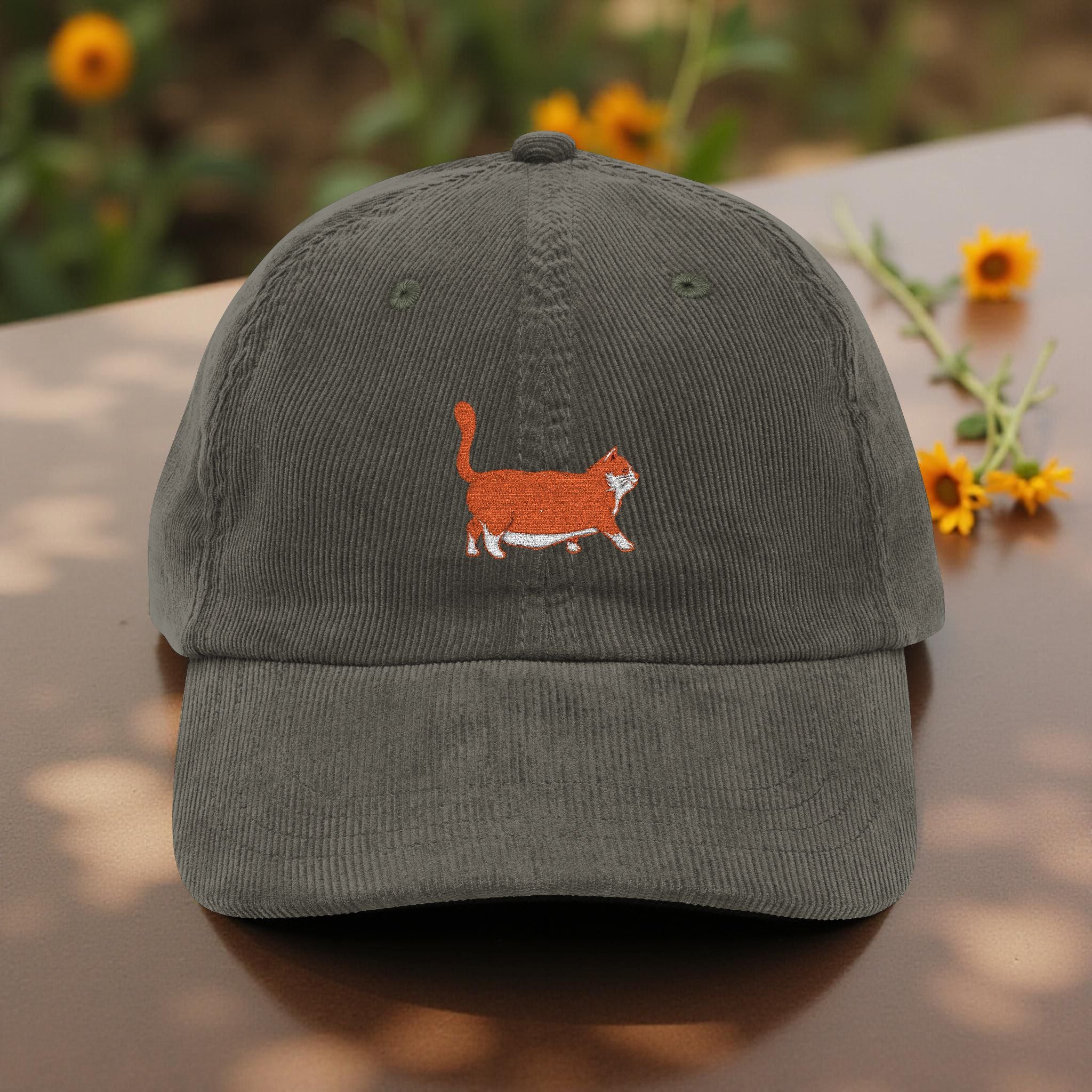 Orange Chunky Cat Embroidered Corduroy Hat