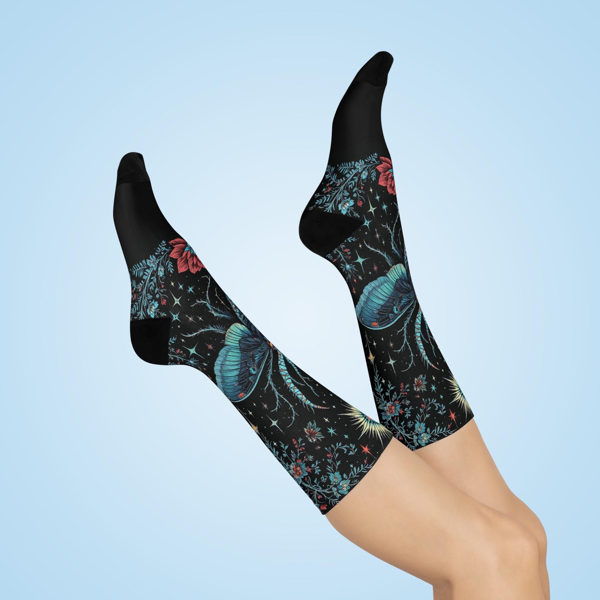 Mothman Socks, Butterfly Wildflower Cottagecore Witchy Socks, Fantasy Gothic Fashion, Fantasy Hippie Womens Adults Unisex Socks
