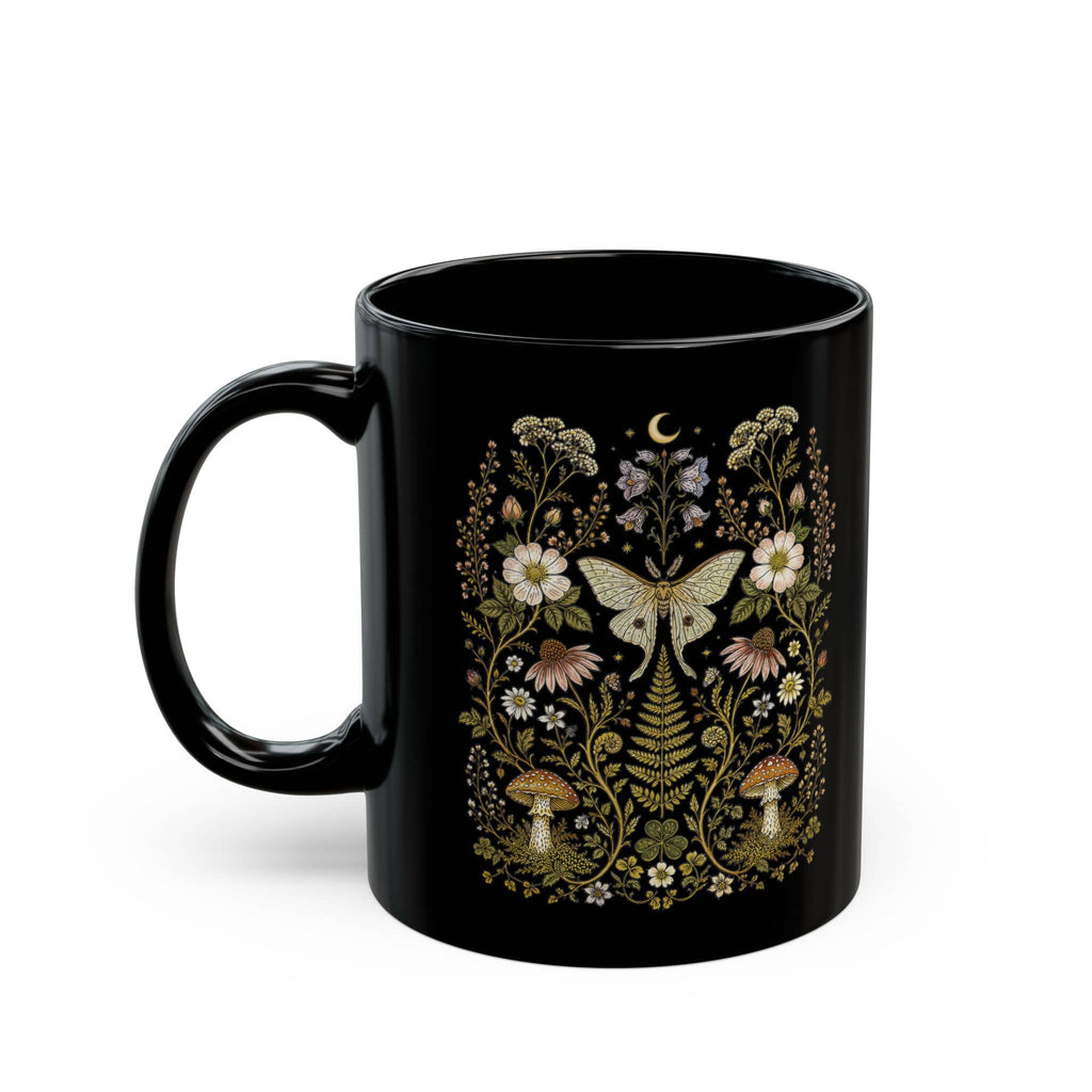 Whimsical Moth Wildflower Black Ceramic Mug