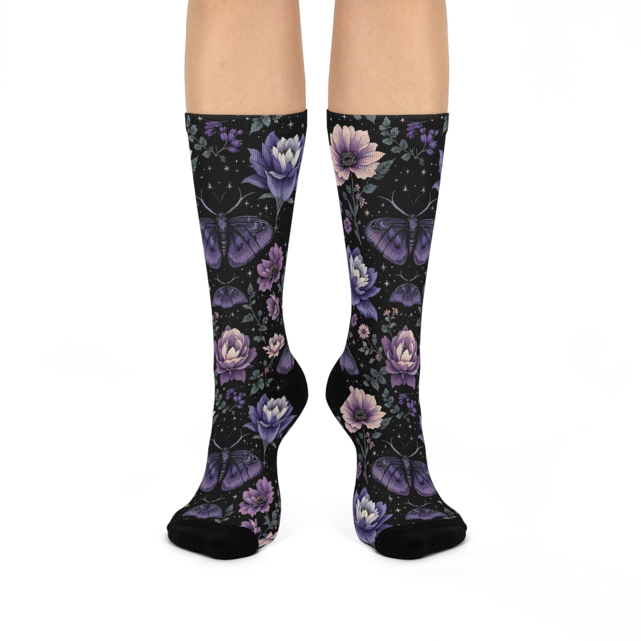 Purple Floral Butterfly Socks, Cottagecore Witchy Socks, Emo Punk Gothic Fashion, Hippie Womens Adults Unisex Socks