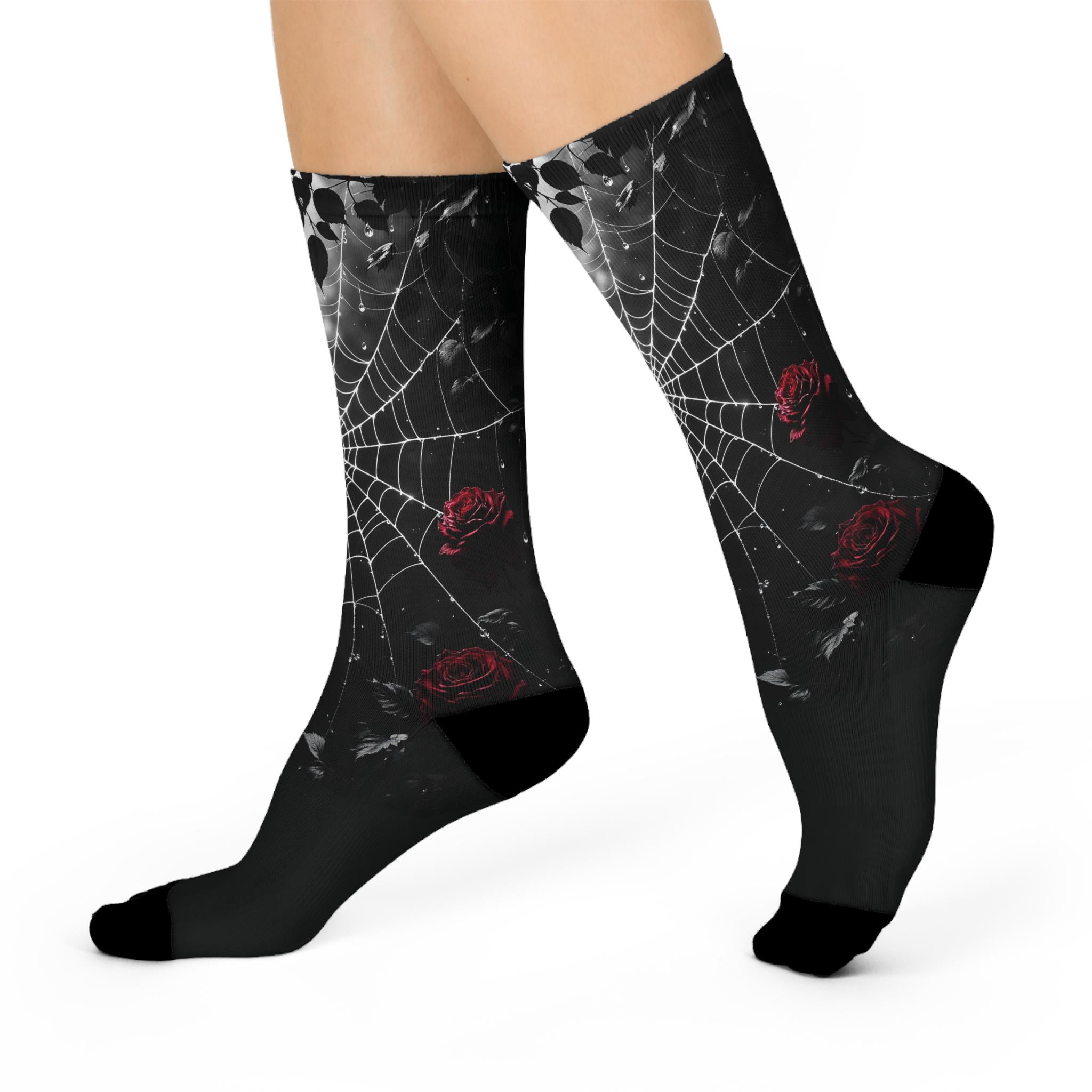 Black Spiderweb Rose Socks, Wildflower Cottagecore Witchy Socks, Emo Gothic Fashion, Indie Fantasy Hippie Womens Adults Unisex Socks