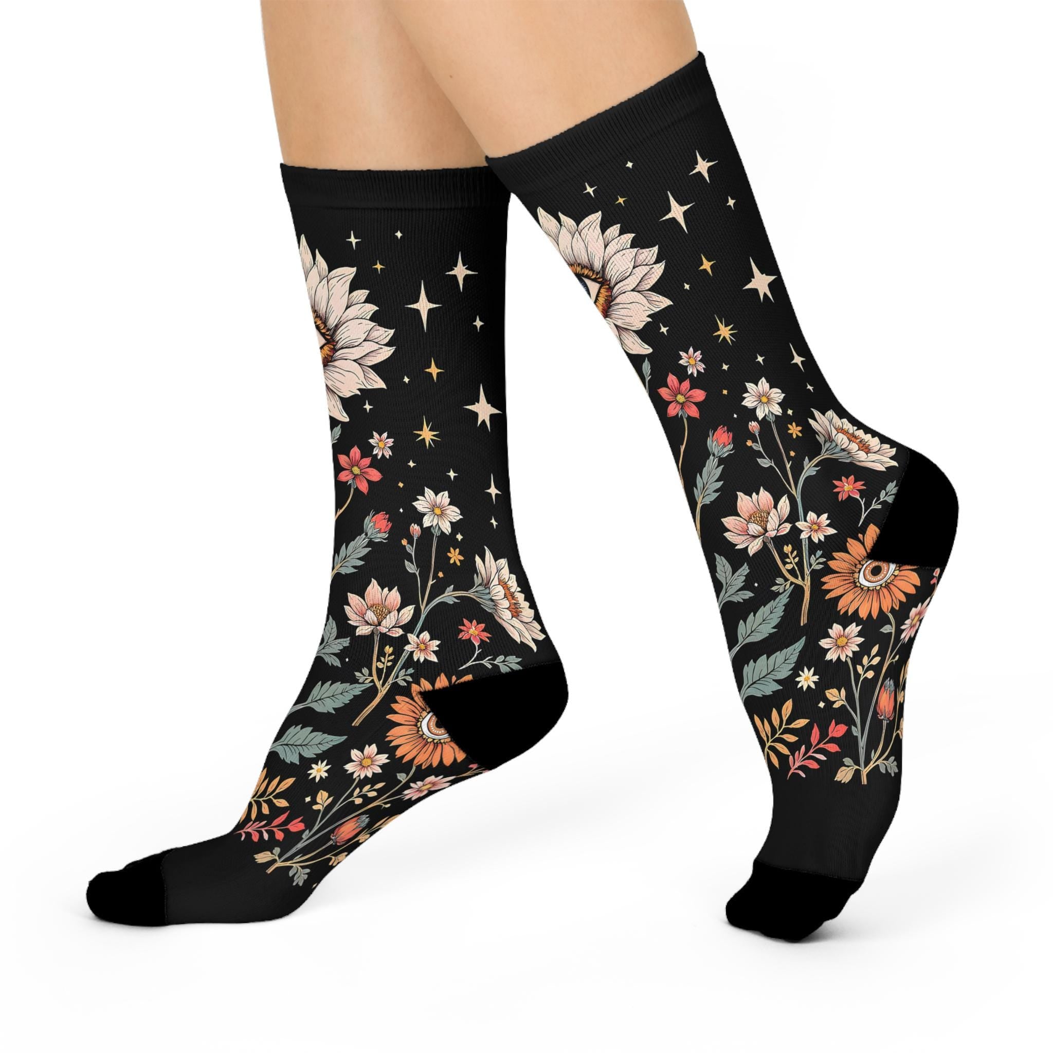 Eye Wildflower Mystic Socks, Moon Wildflower Cottagecore Witchy Socks, Gothic Fashion, Fantasy Hippie Womens Adults Unisex Socks
