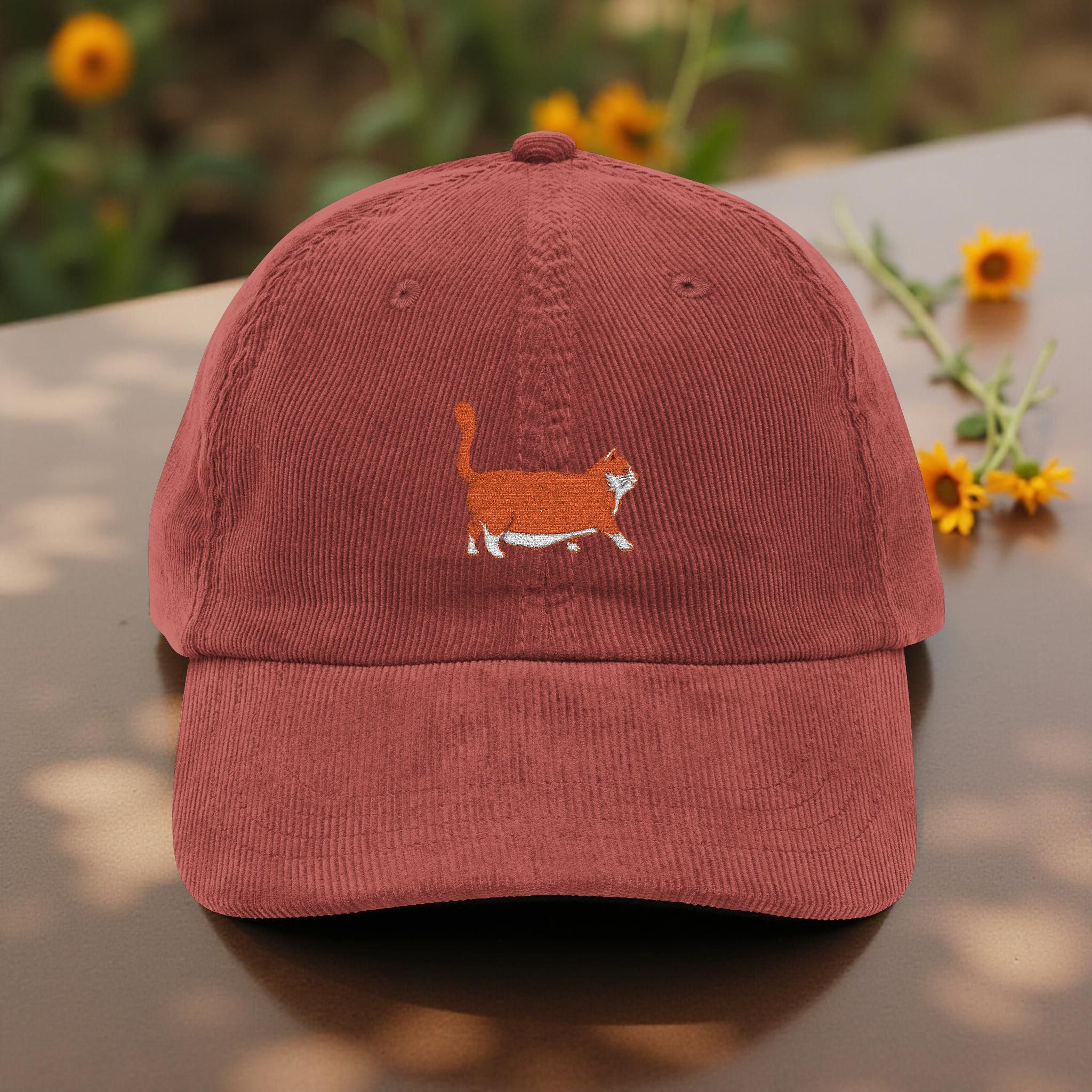 Orange Chunky Cat Embroidered Corduroy Hat