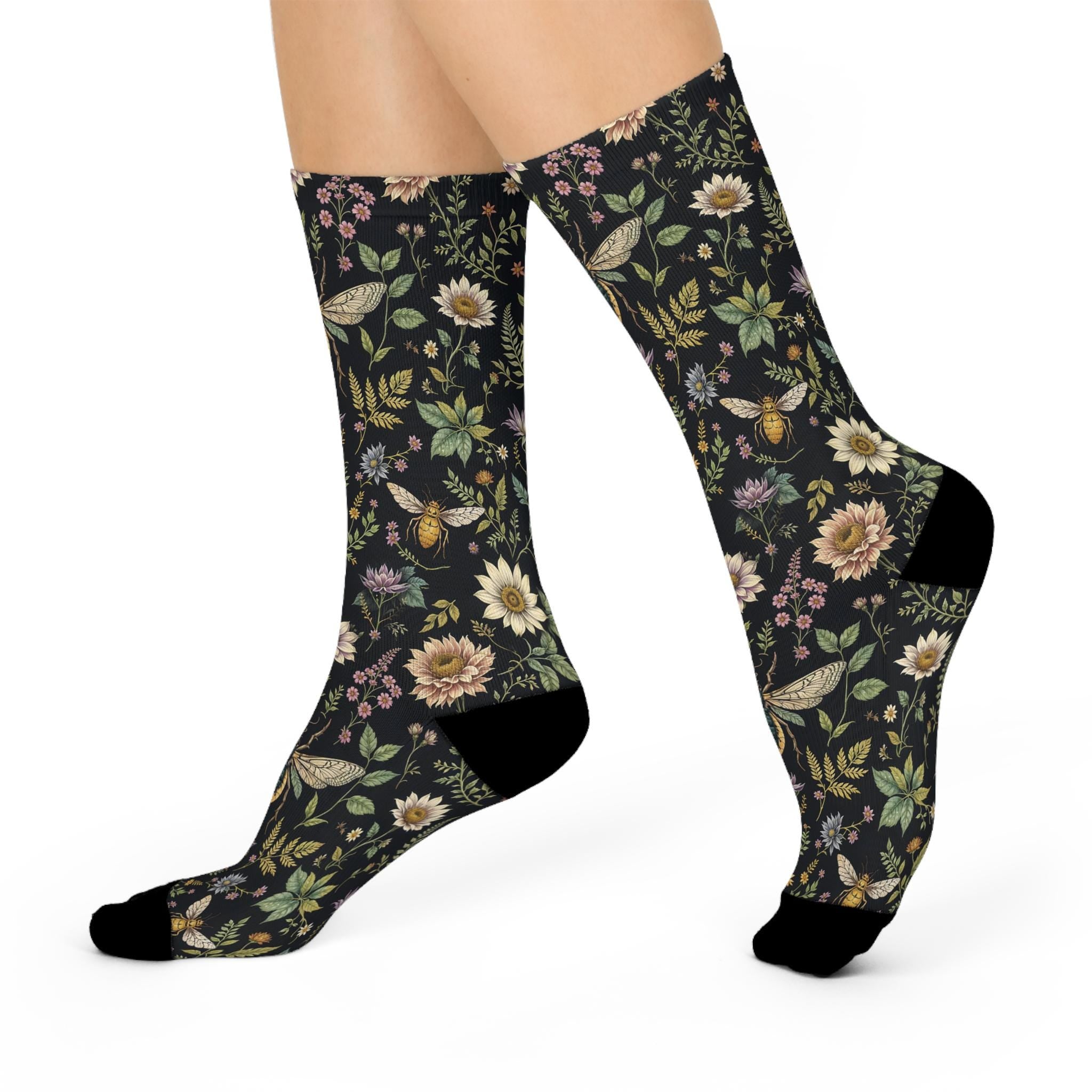 Green Wildflower Socks, Cottagecore Witchy Socks, Emo Punk Gothic Fashion, Leafy Moth Hippie Womens Adults Unisex Socks