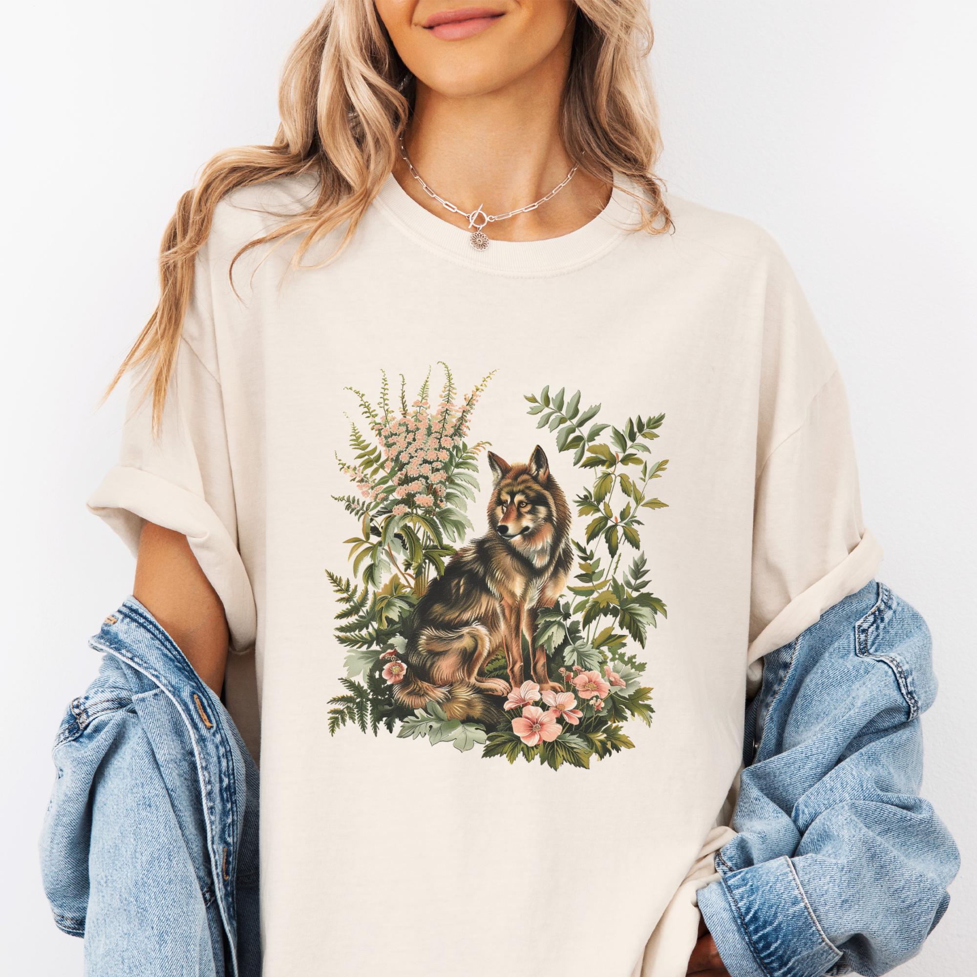 Botanical Wolf Wildflower T-shirt, Comfort Colors Bohemian Graphic Tee, Botanical Animal Womens Top