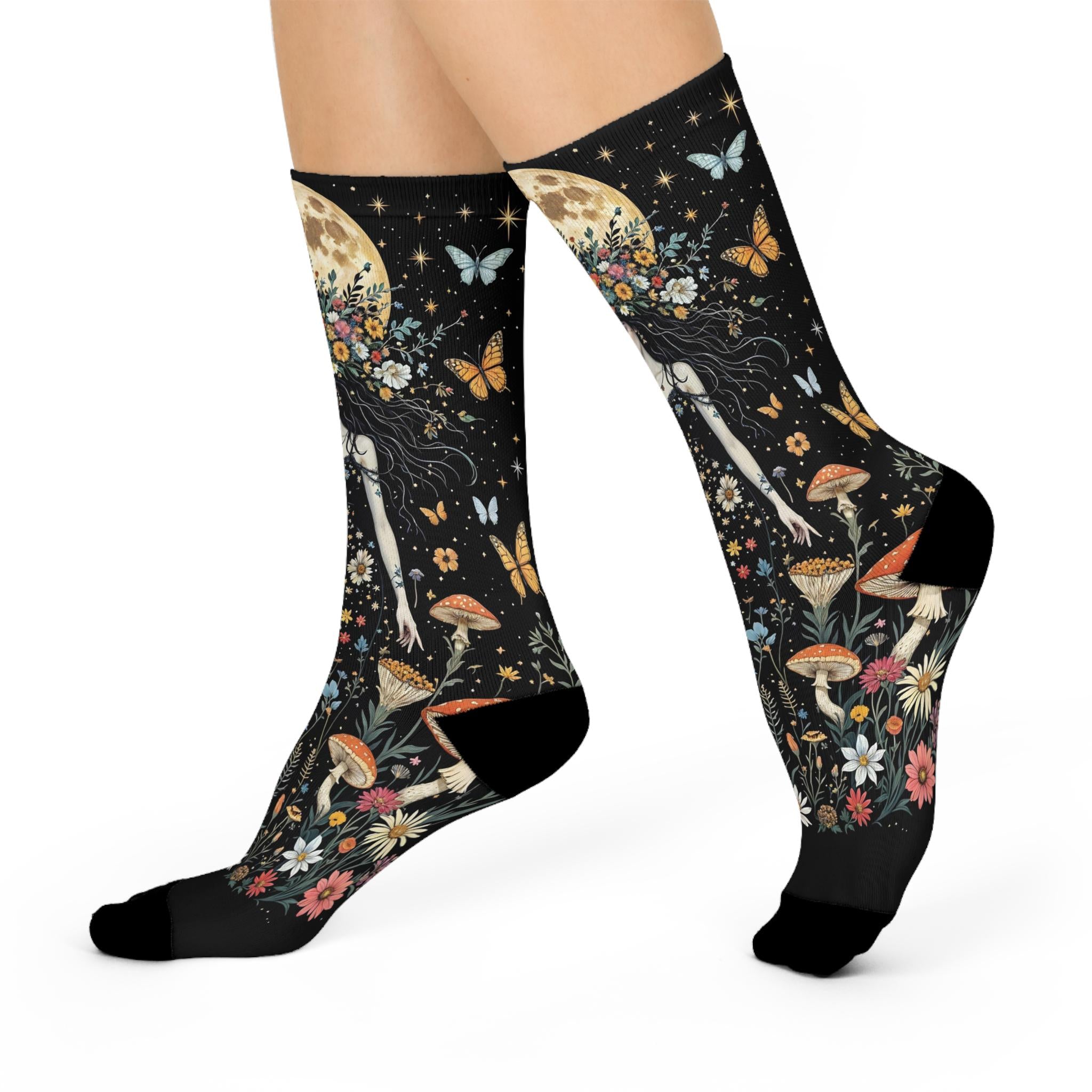Celestial Goddess Mushroom Moth Socks, Moon Wildflower Cottagecore Witchy Socks, Fantasy Gothic Fashion, Hippie Womens Adults Unisex Socks