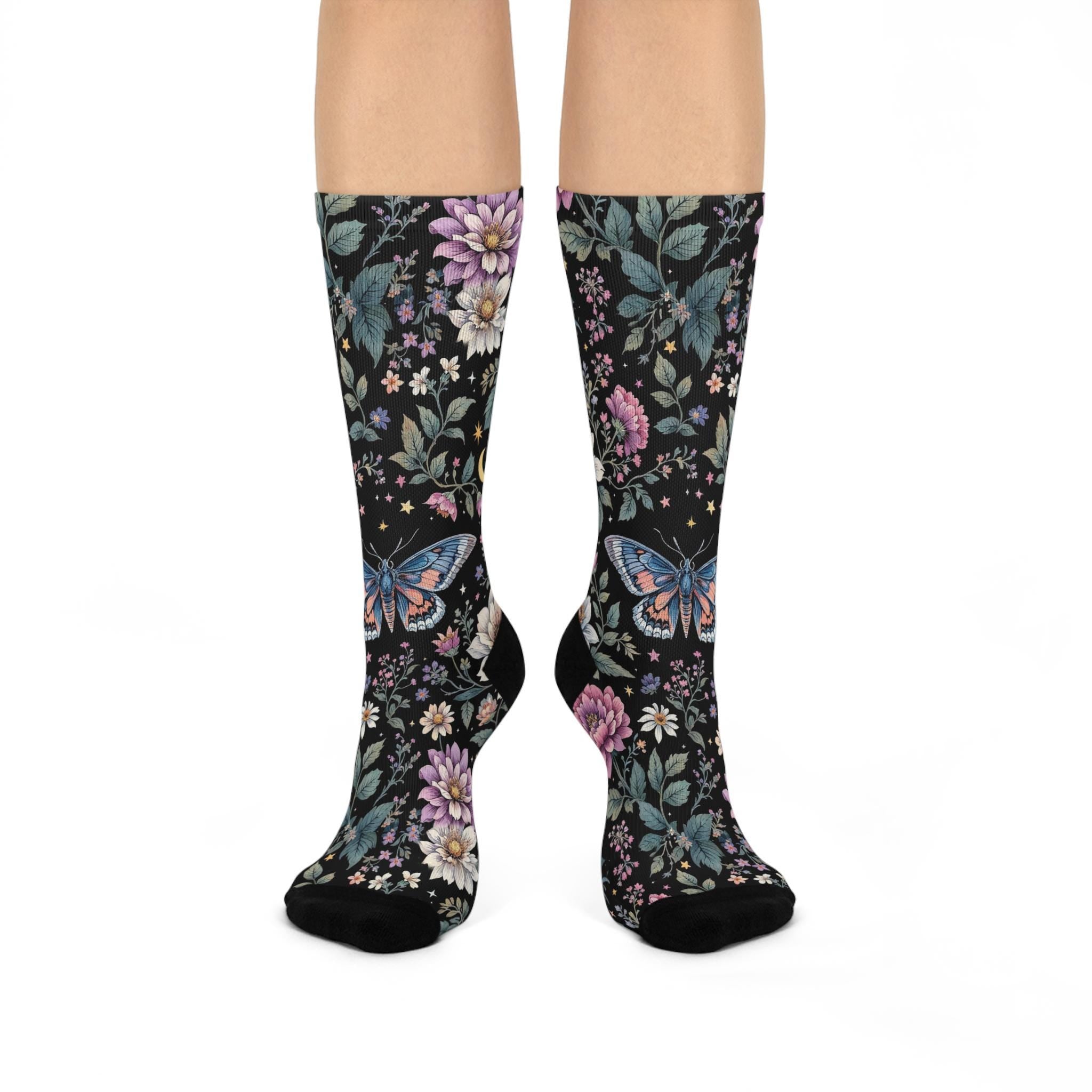 Mystic Floral Butterfly Socks, Cottagecore Witchy Socks, Emo Punk Gothic Fashion, Wildflower Hippie Womens Adults Unisex Socks