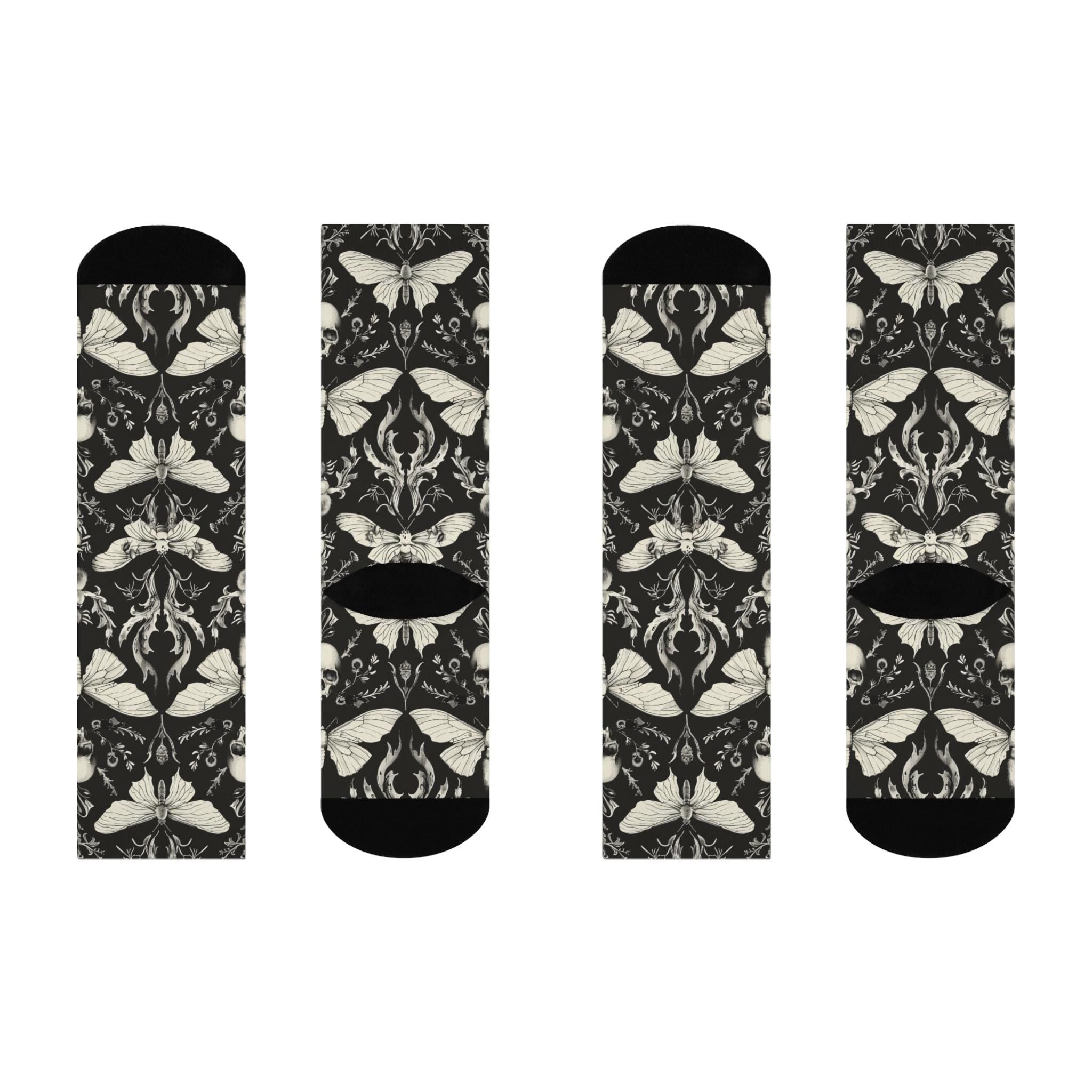 Skull Moth Gothic Socks, Cottagecore Witchy Socks, Emo Punk Fashion, Black Hippie Mens Womens Adults Unisex Socks