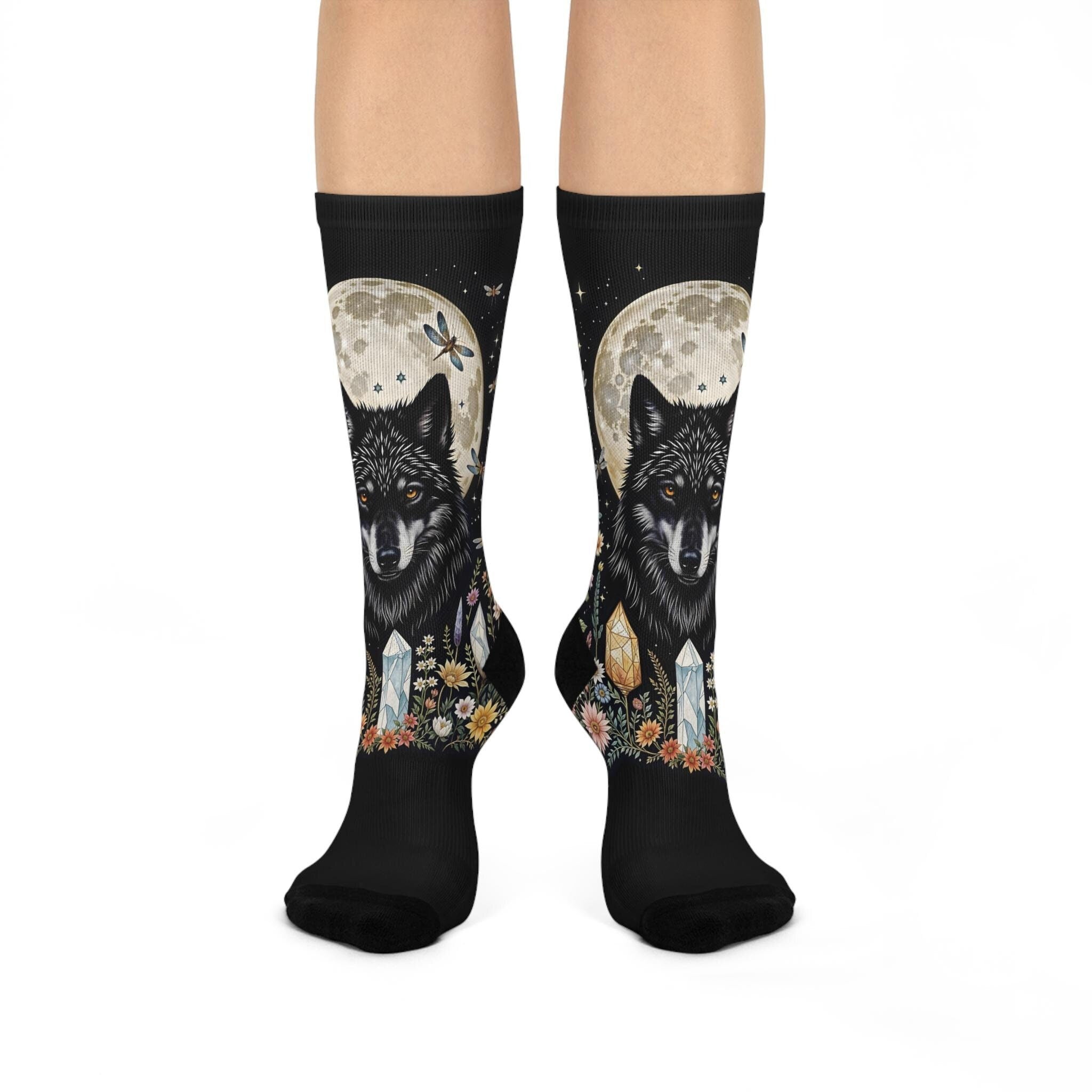 Wolf Full Moon Socks, Cottagecore Witchy Socks, Emo Punk Gothic Fashion, Crystal Wildflower Womens Adults Unisex Socks