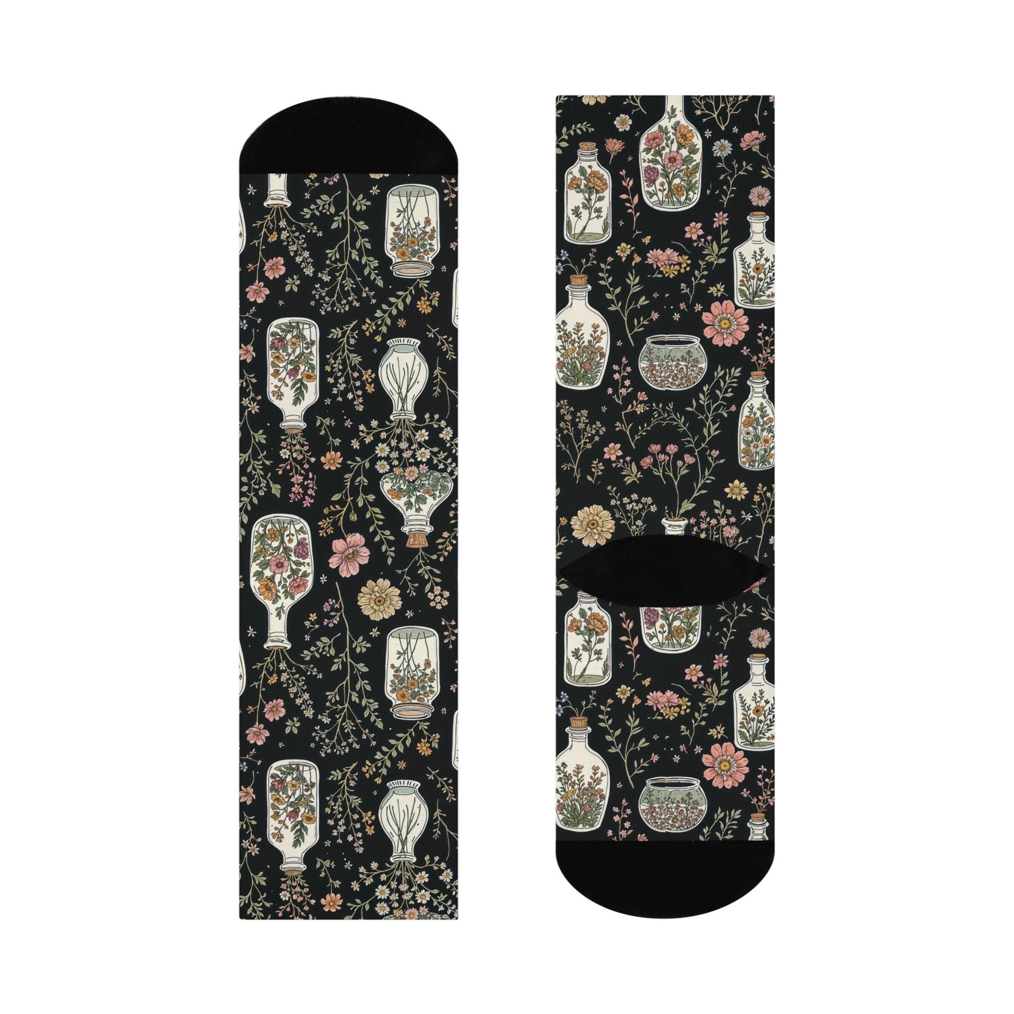 Herbology Glass Jar Flowers Socks, Mosaic Wildflower Cottagecore Witchy Socks, Gothic Fashion, Indie Fantasy Womens Adults Unisex Socks
