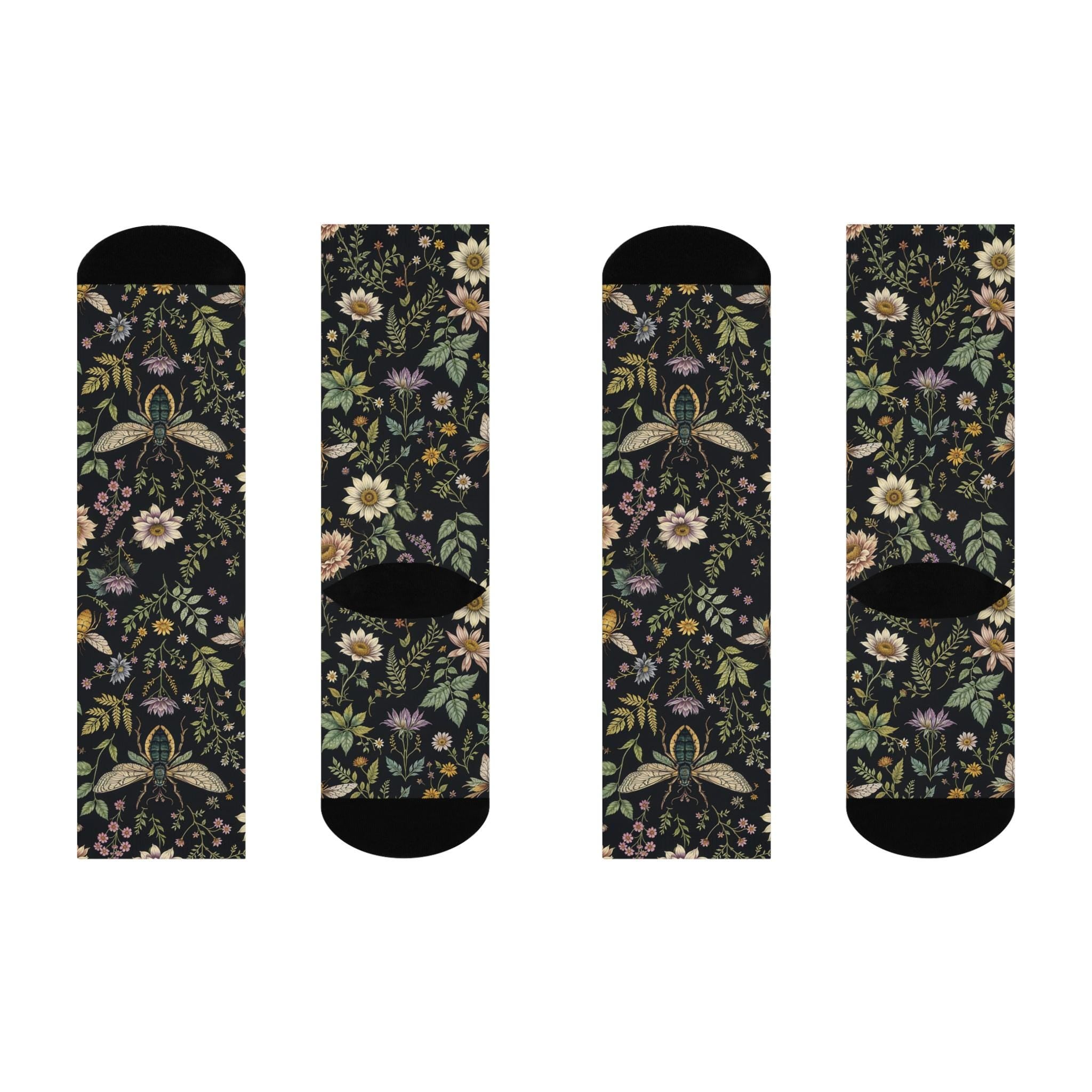 Green Wildflower Socks, Cottagecore Witchy Socks, Emo Punk Gothic Fashion, Leafy Moth Hippie Womens Adults Unisex Socks