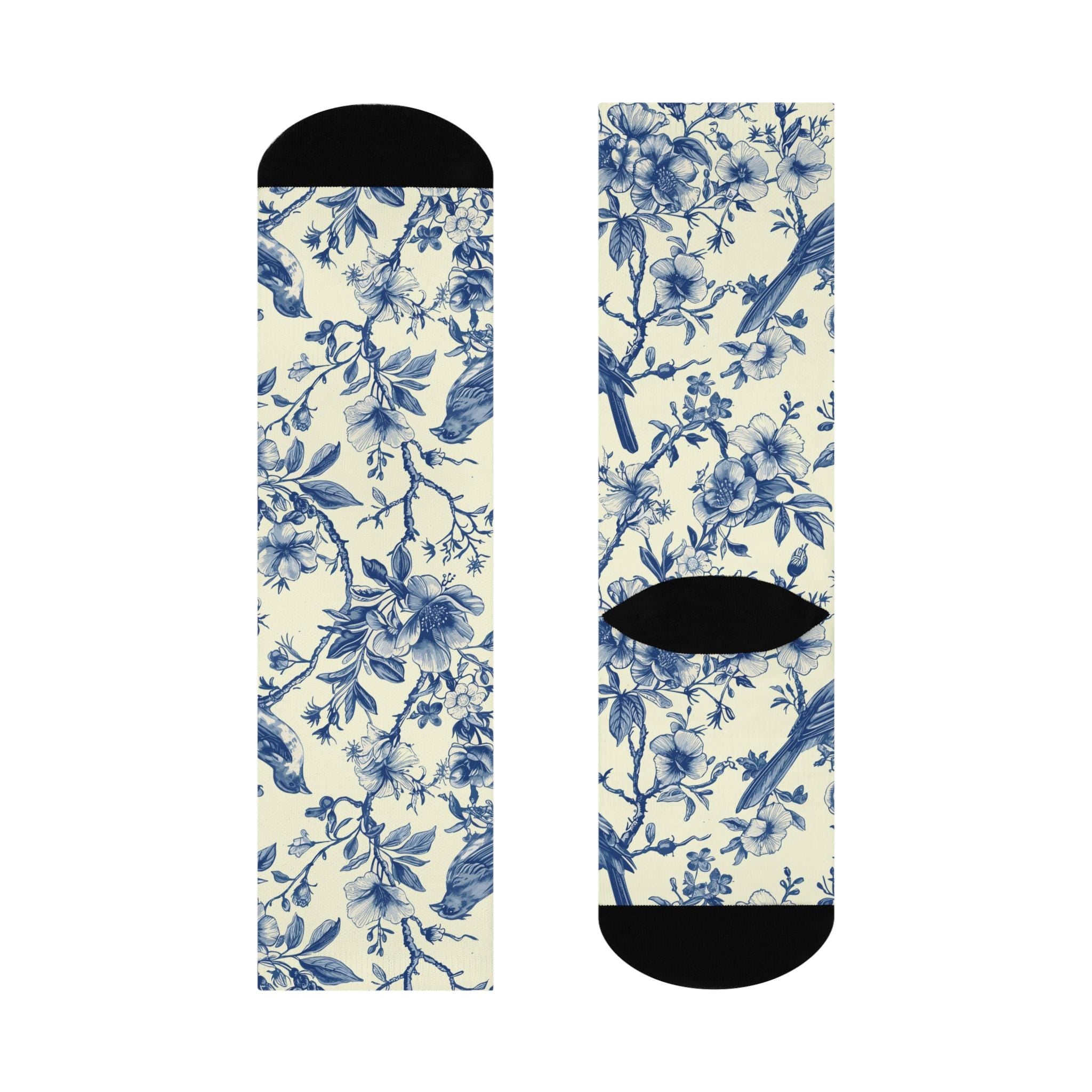 Blue Bird Floral Art Nouveau Socks, Wildflower Cottagecore Witchy Socks, Emo Gothic Fashion, Indie Fantasy Hippie Womens Adults Unisex Socks