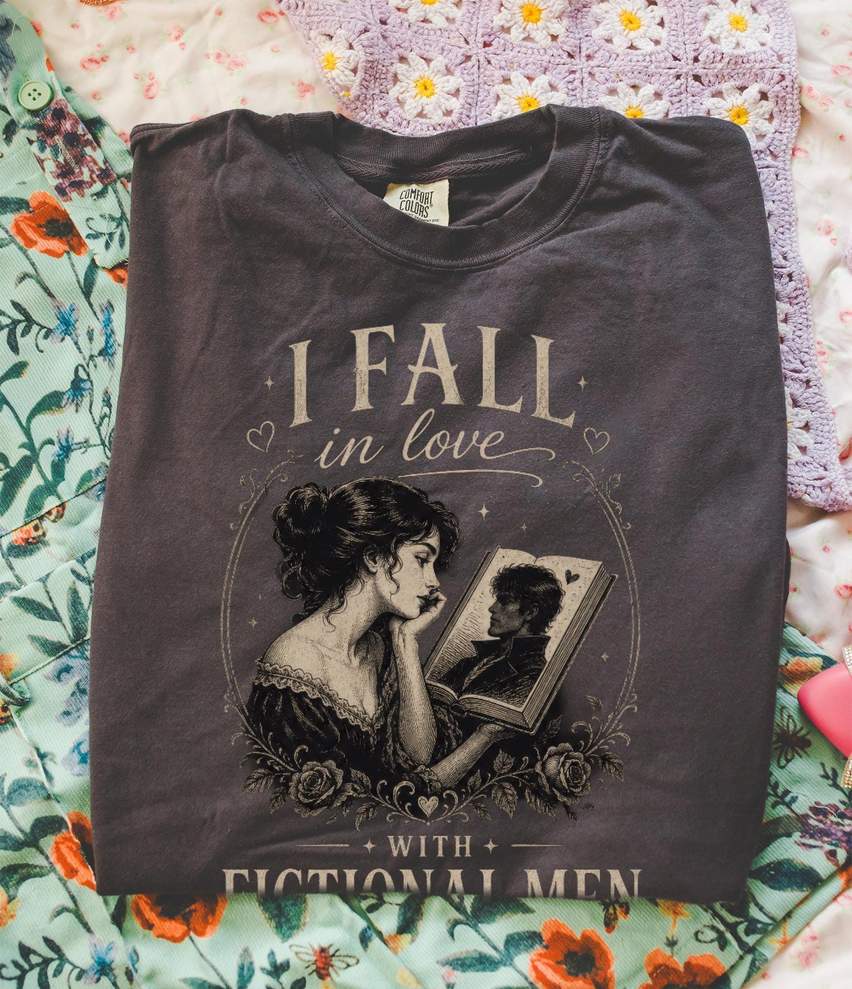 I Fall in love with Fictional Men T-shirt, Comfort Colors Cottagecore Graphic Tee, Gothic Funny Reading Bookish Lover Womens Top