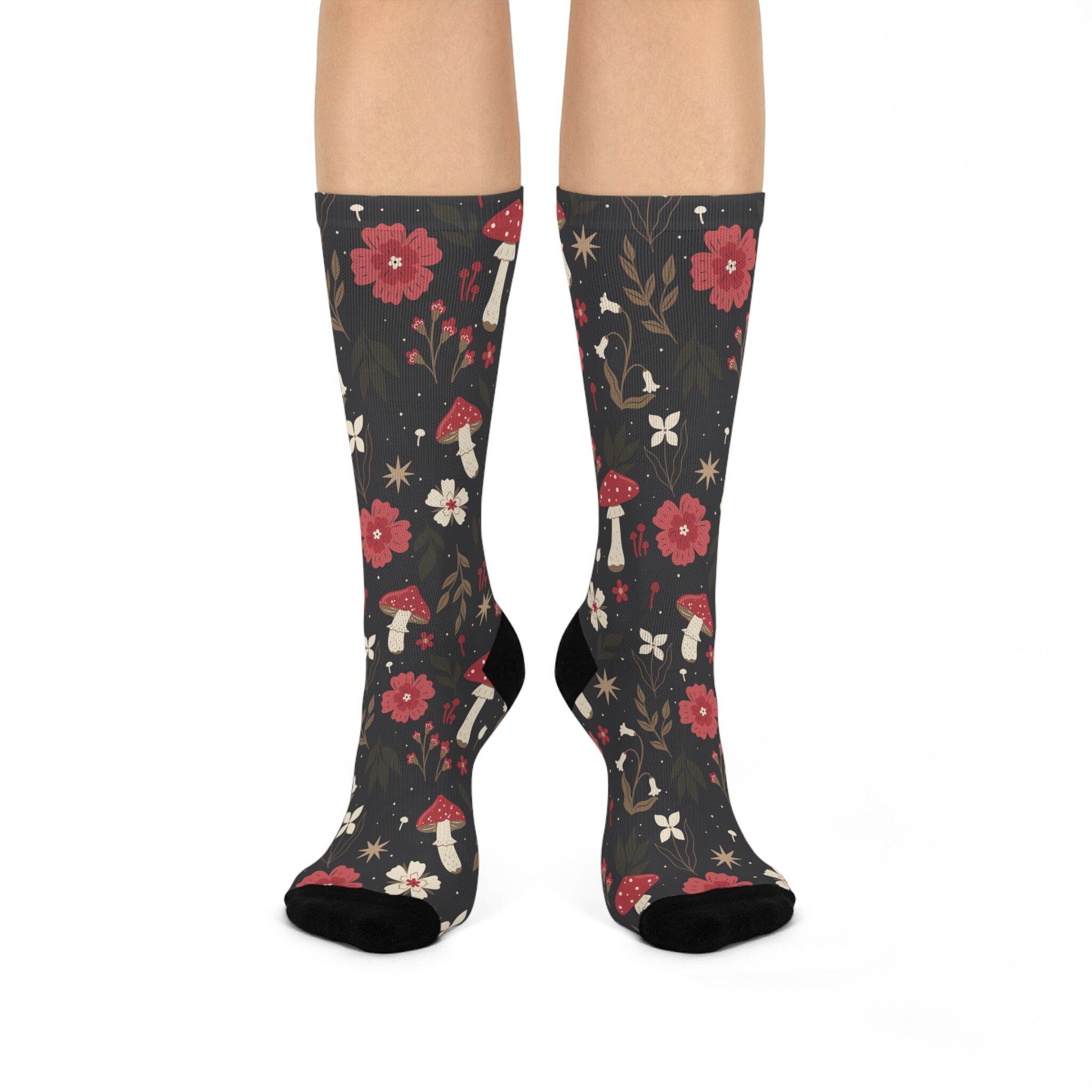 Mushroom Wildflower Socks, Cottagecore Witchy Socks, Wildflower Boho Gift, Floral Womens Adults Unisex Socks