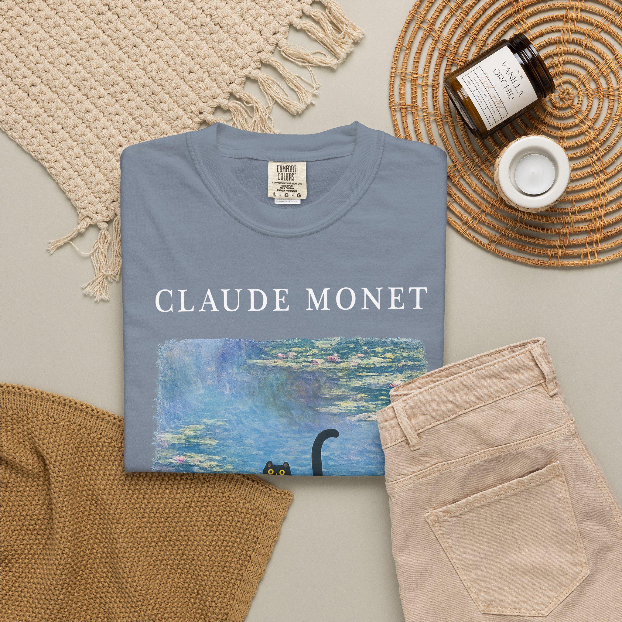 Claude Monet Inspired Black Cat T-shirt, Comfort Colors Bohemian Vintage Art Graphic Tee, Botanical Waterlily Animal Womens Top