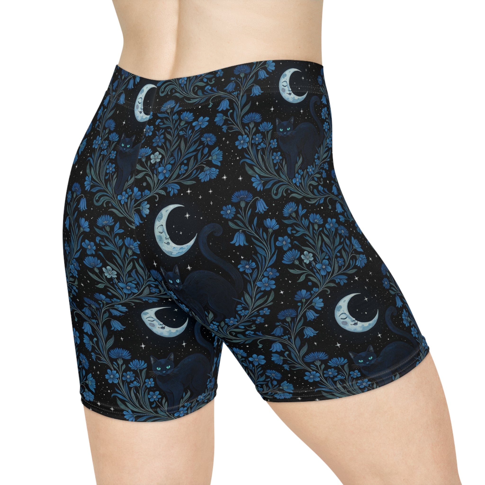 Moonlit Cat & Wildflowers Biker Shorts