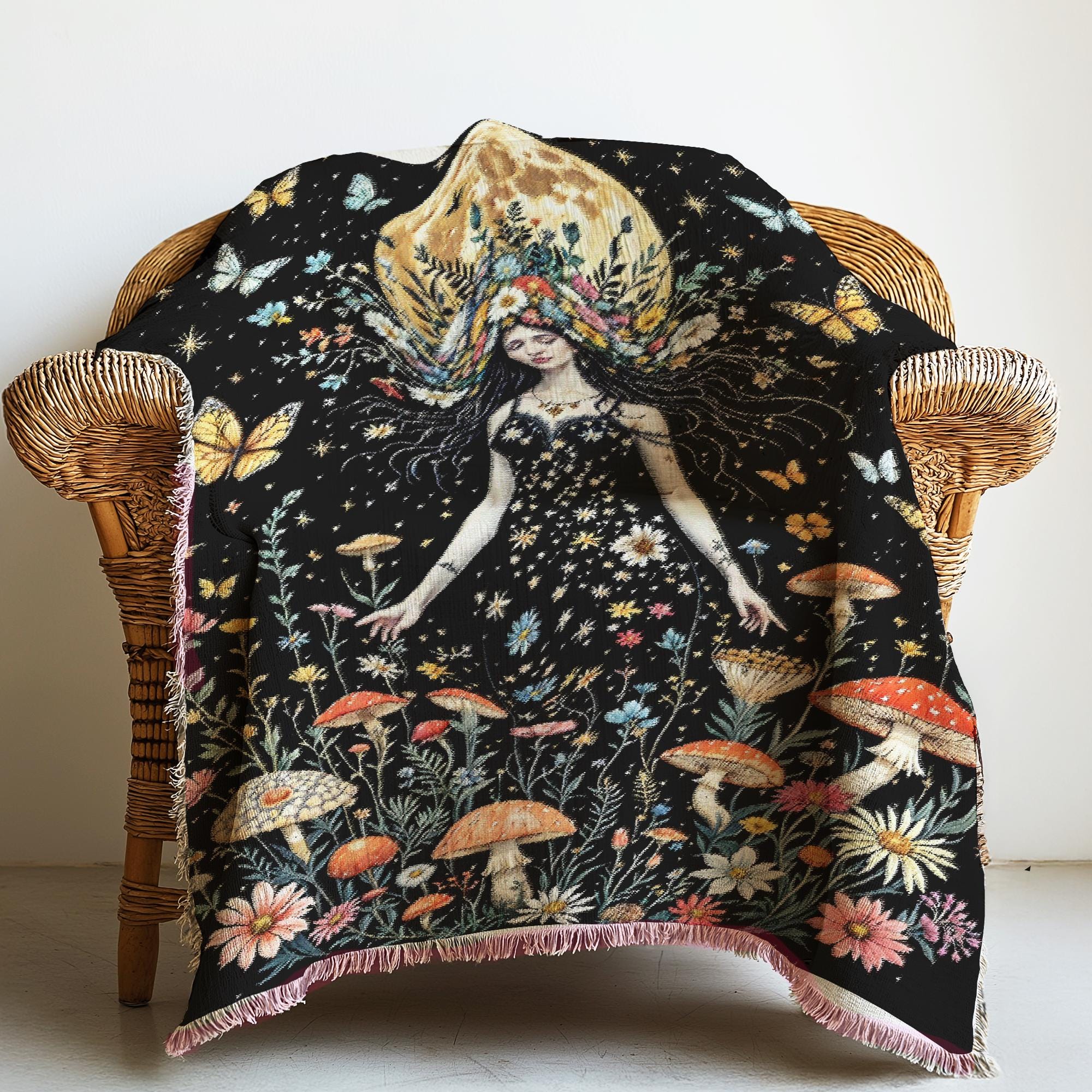 Wildflower Goddess Fringe Throw Blanket, Gothic Witchy Picnic Blanket, Cottagecore Woven Soft Flannel Throw, Bedroom Lounge Home Decor