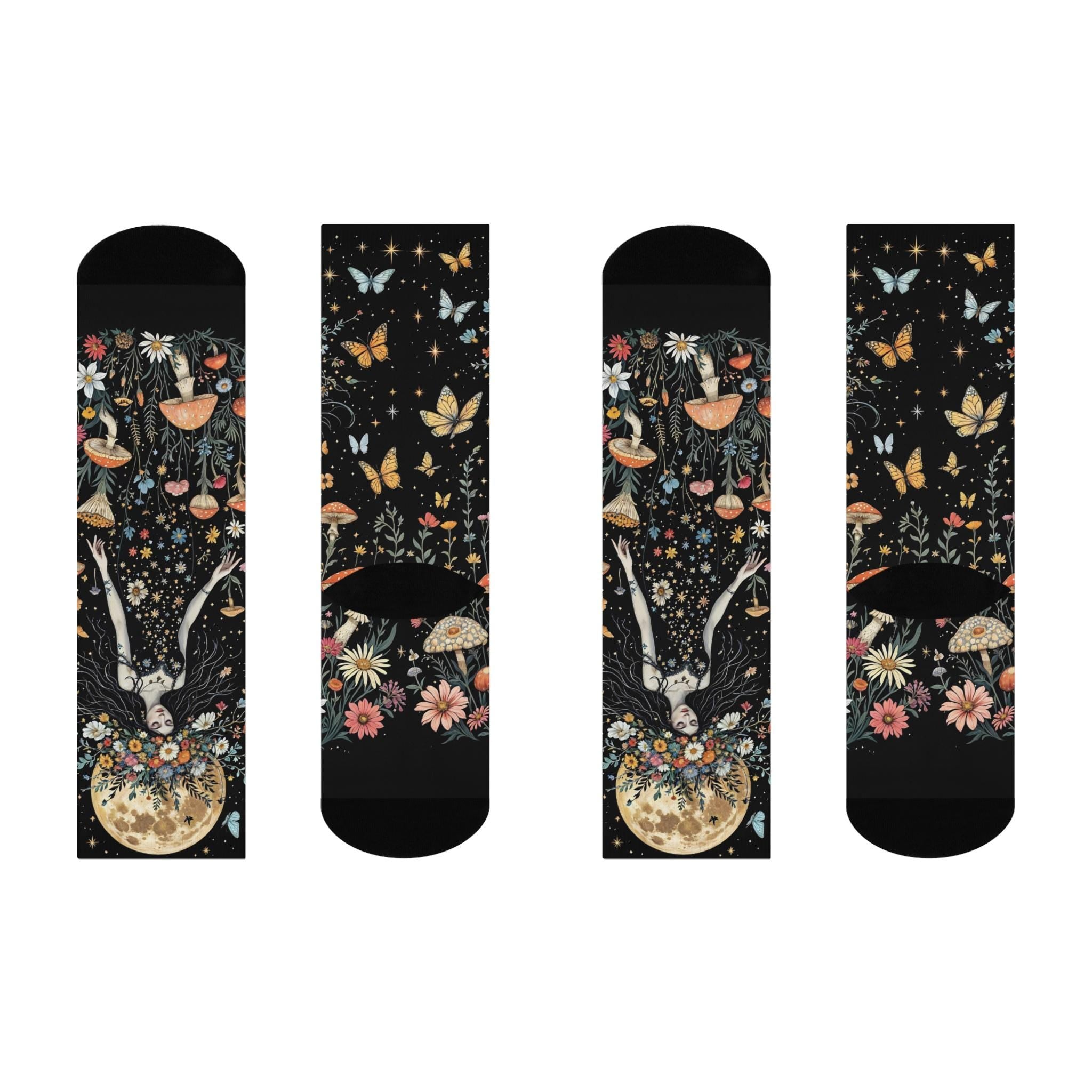 Celestial Goddess Mushroom Moth Socks, Moon Wildflower Cottagecore Witchy Socks, Fantasy Gothic Fashion, Hippie Womens Adults Unisex Socks