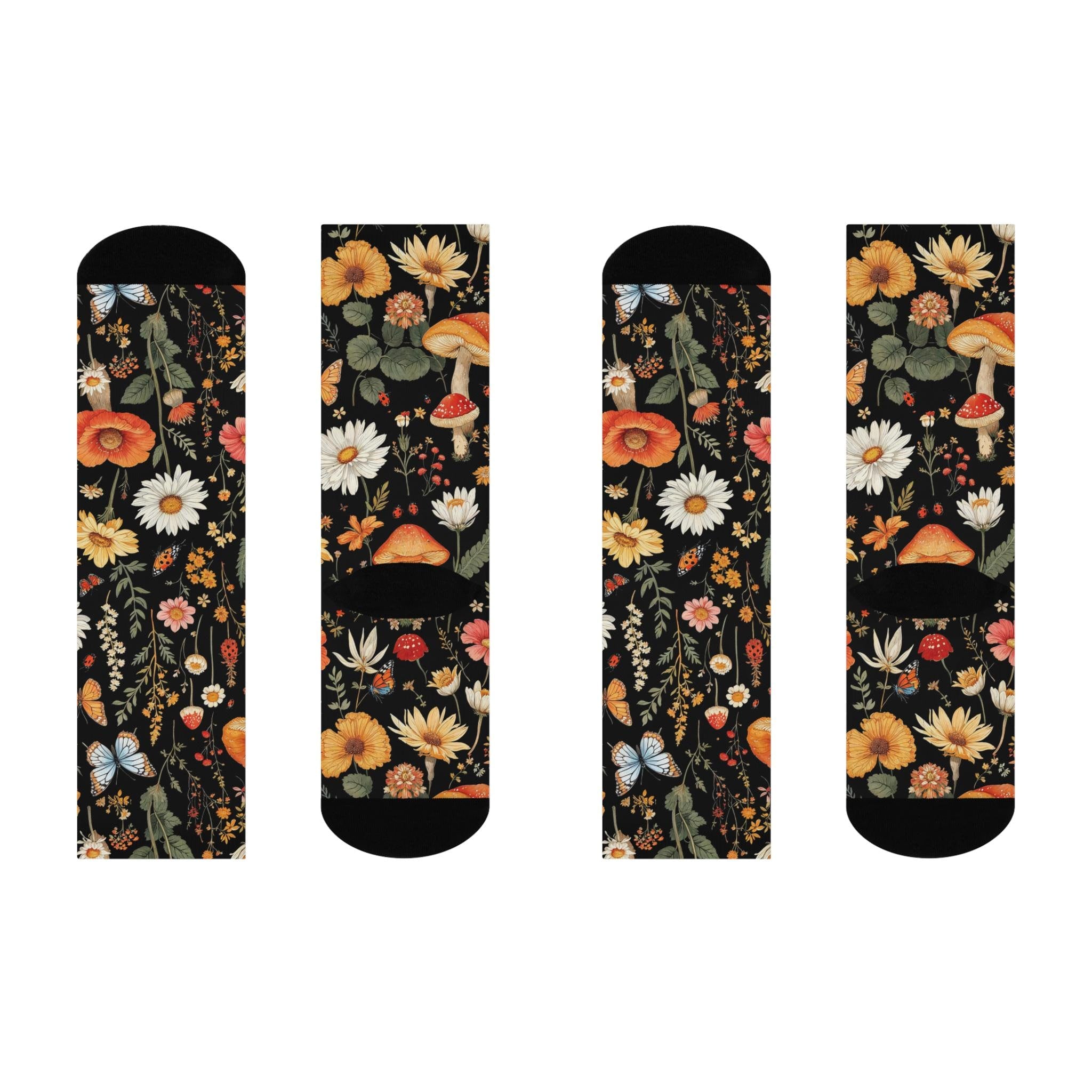 Orange Mushroom Wildflower Socks, Cottagecore Witchy Socks, Emo Punk Gothic Fashion, Mens Womens Adults Unisex Socks