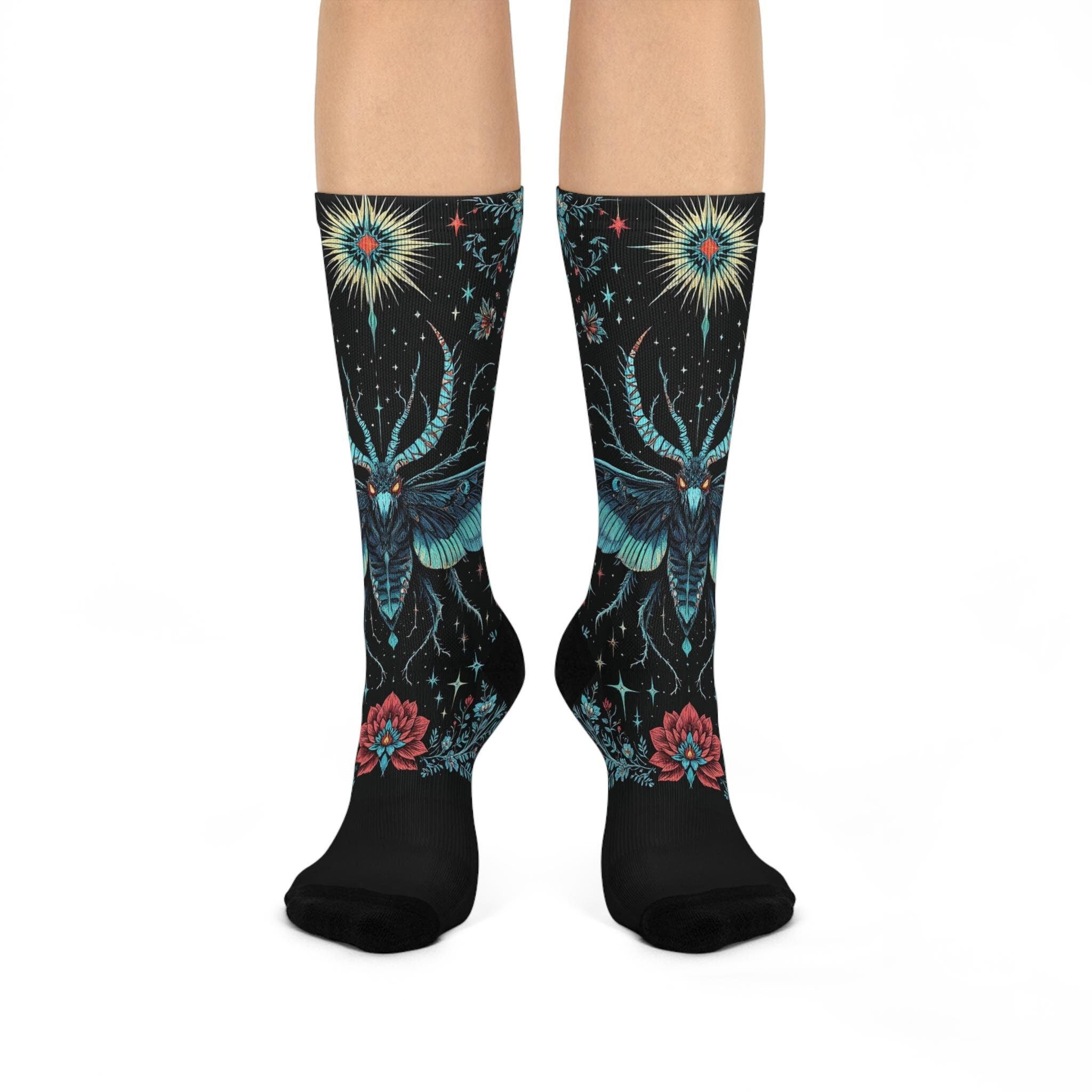 Mothman Socks, Butterfly Wildflower Cottagecore Witchy Socks, Fantasy Gothic Fashion, Fantasy Hippie Womens Adults Unisex Socks