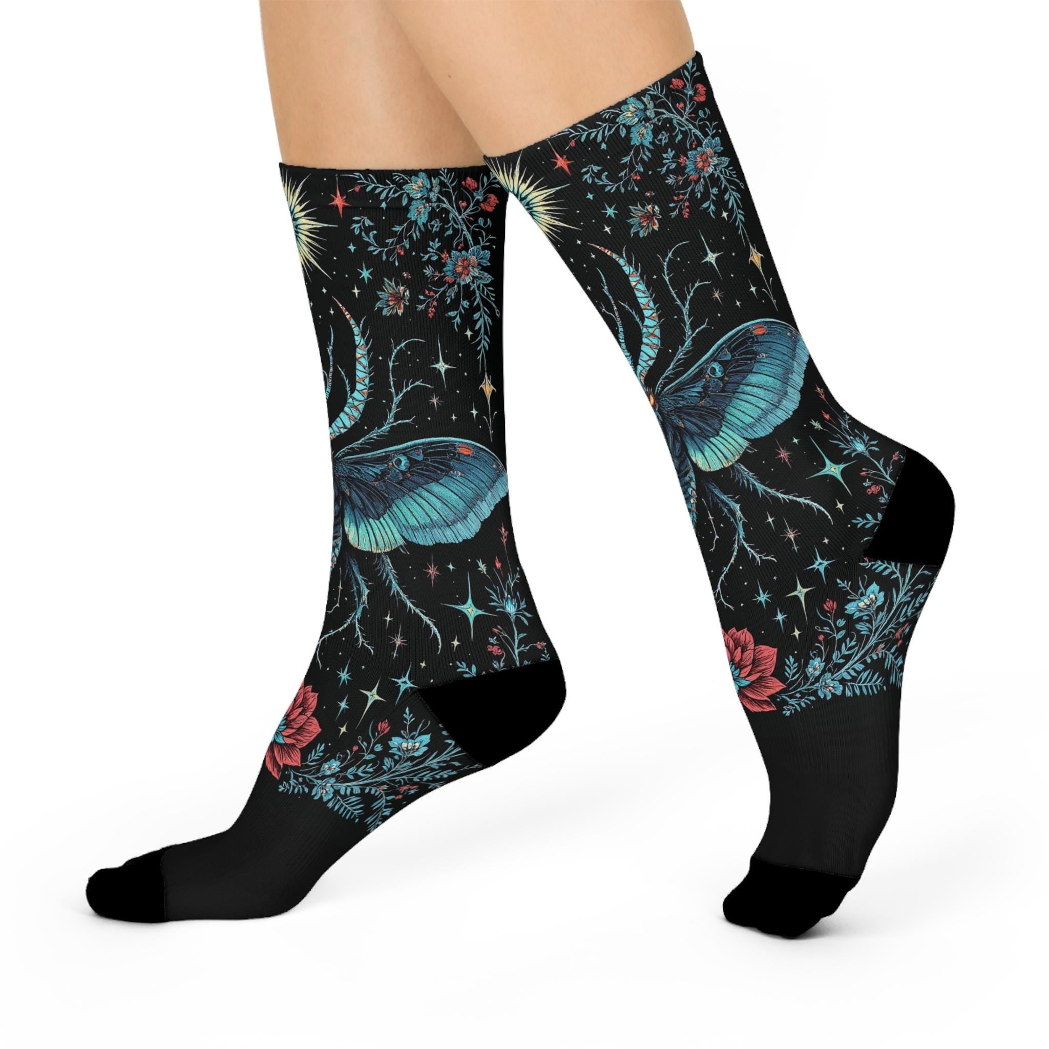 Mothman Socks, Butterfly Wildflower Cottagecore Witchy Socks, Fantasy Gothic Fashion, Fantasy Hippie Womens Adults Unisex Socks