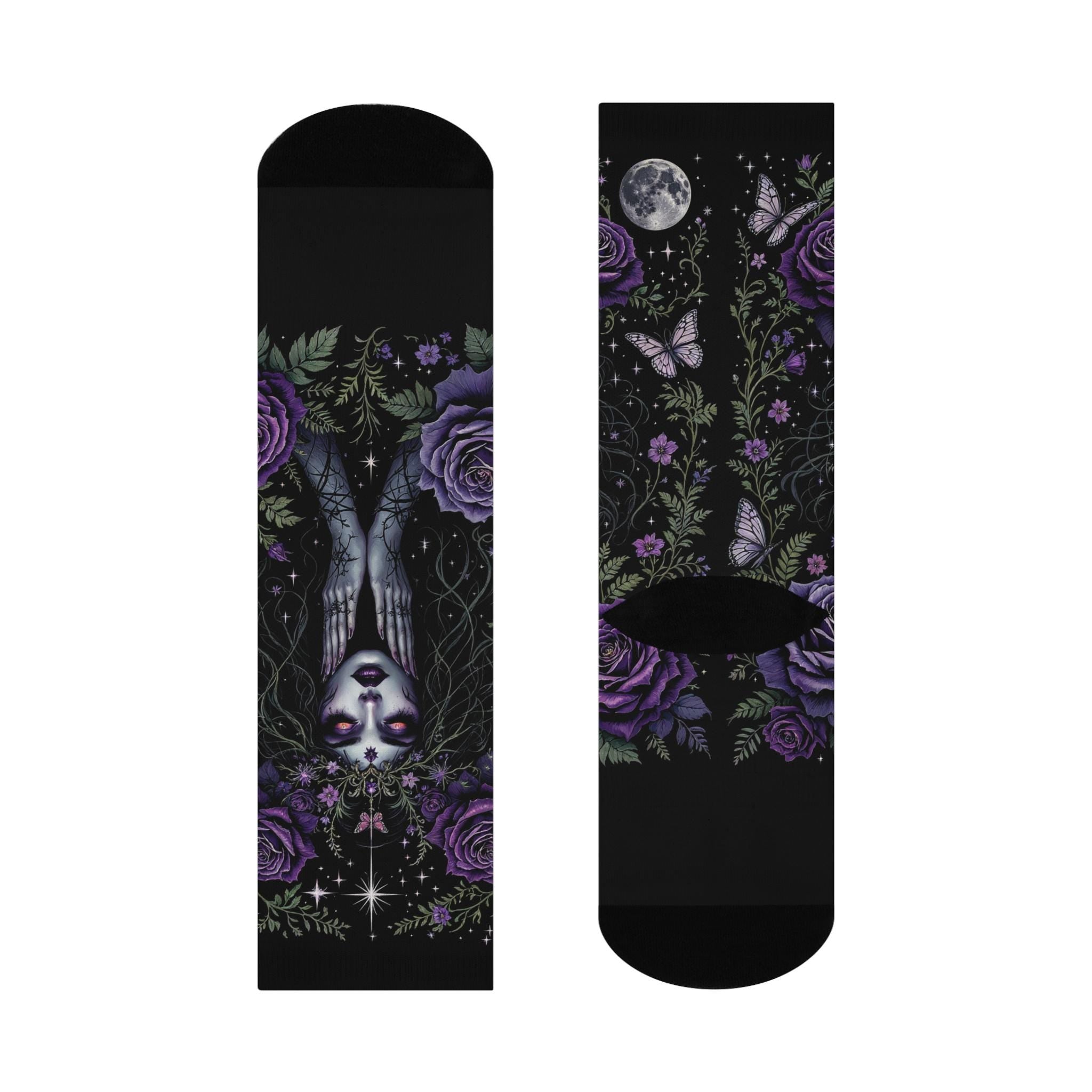Purple Rose Gothic Goddess Socks, Cottagecore Witchy Socks, Emo Punk Fashion, Mens Womens Adults Unisex Socks