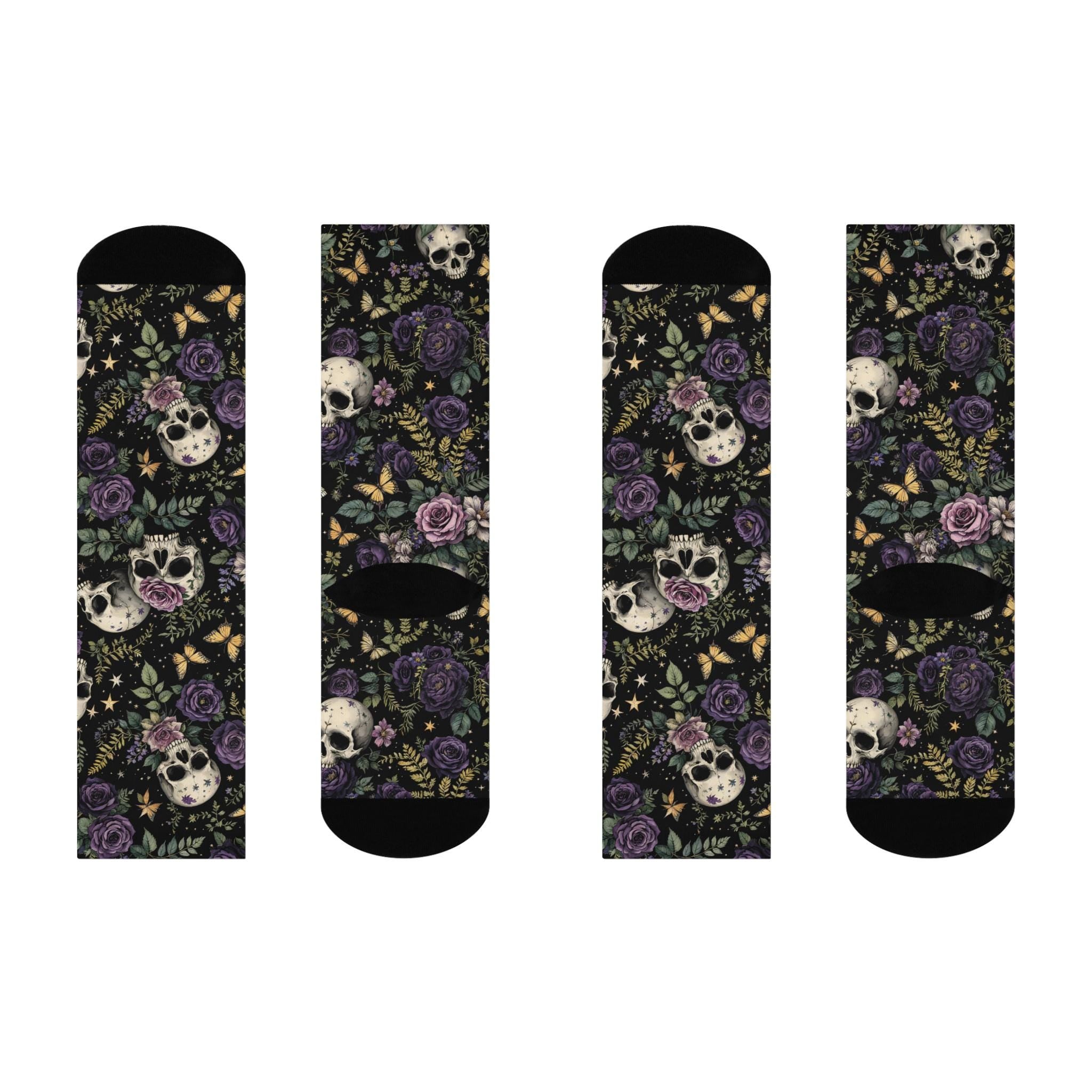 Purple Rose Skulls Socks, Butterfly Wildflower Cottagecore Witchy Socks, Fantasy Gothic Fashion, Hippie Womens Adults Unisex Socks