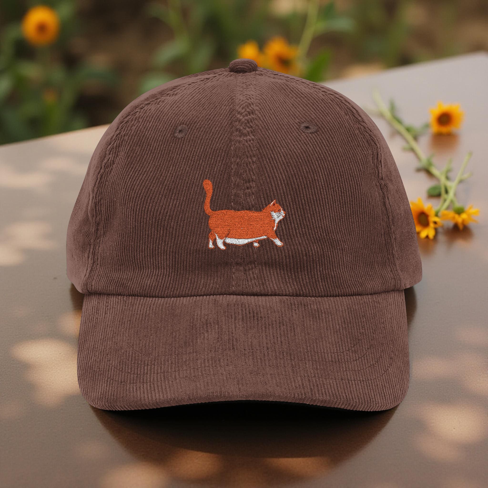 Orange Chunky Cat Embroidered Corduroy Hat